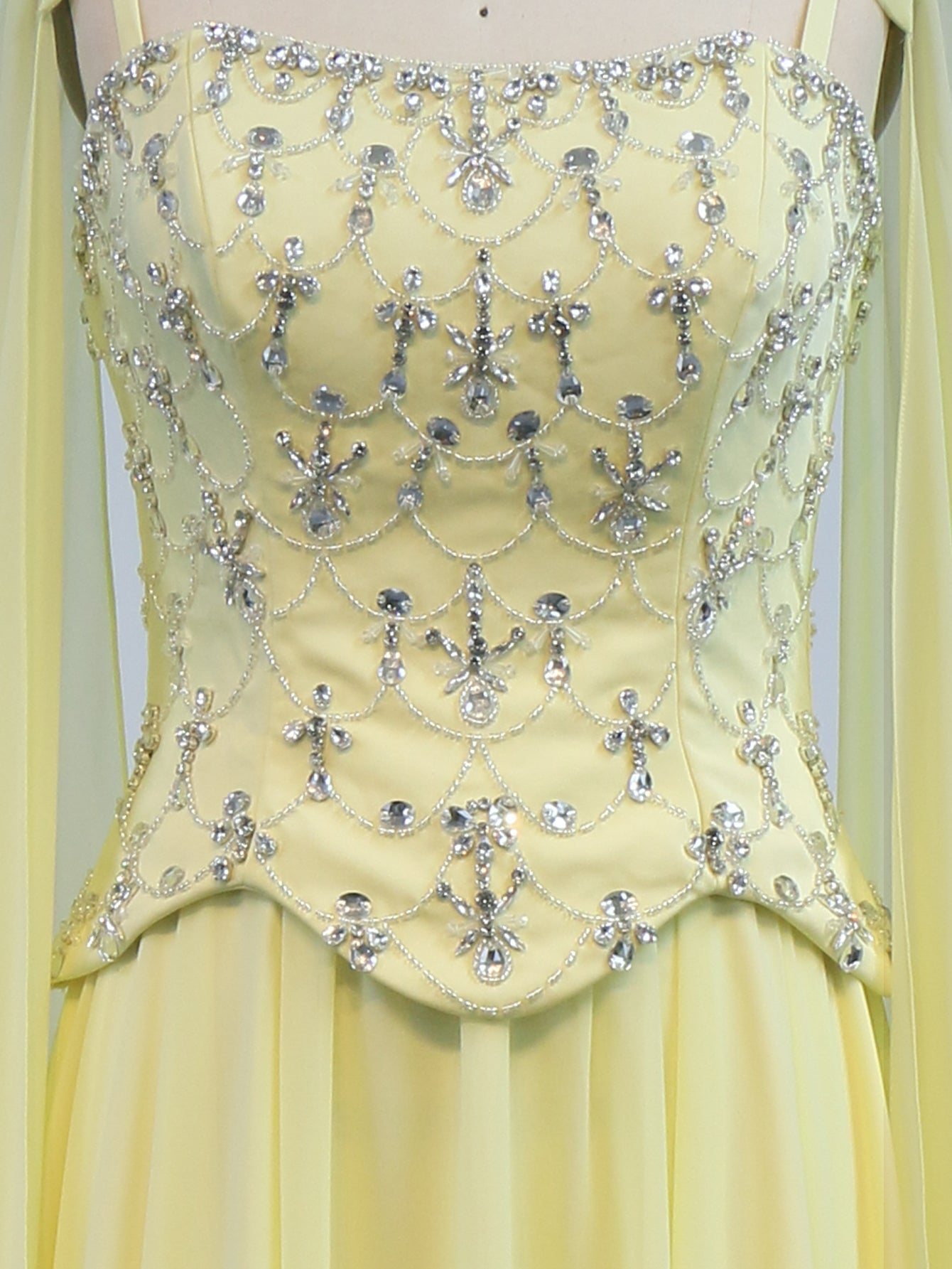 Shawl Sparkly Beading Spaghetti Shoulder Straps A-Line Long Prom Dress With Slit  - Goose Yellow