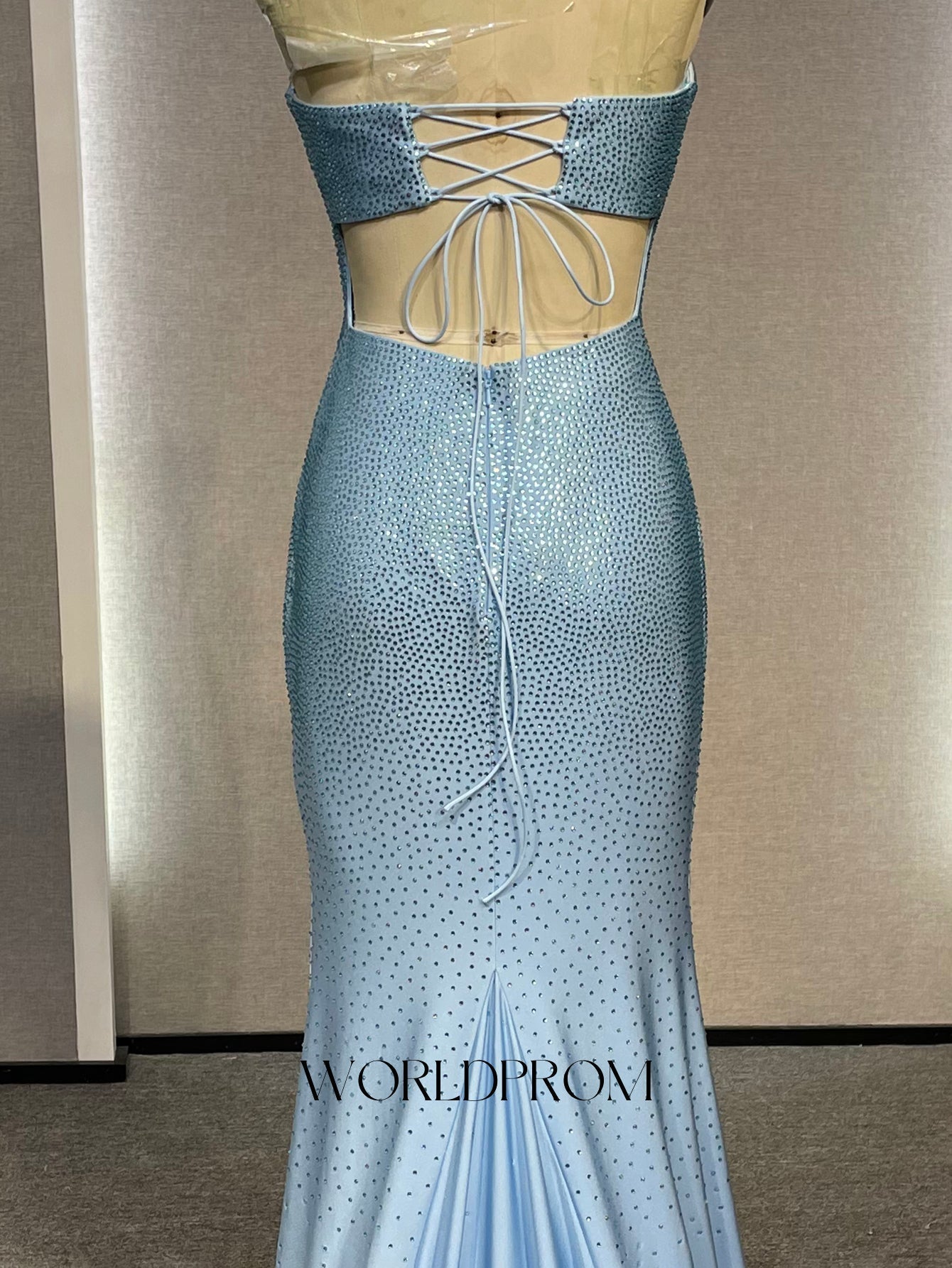Hot Fix Crystal Corset Backless Mermaid Long Prom Dress With Slit - Sky Blue
