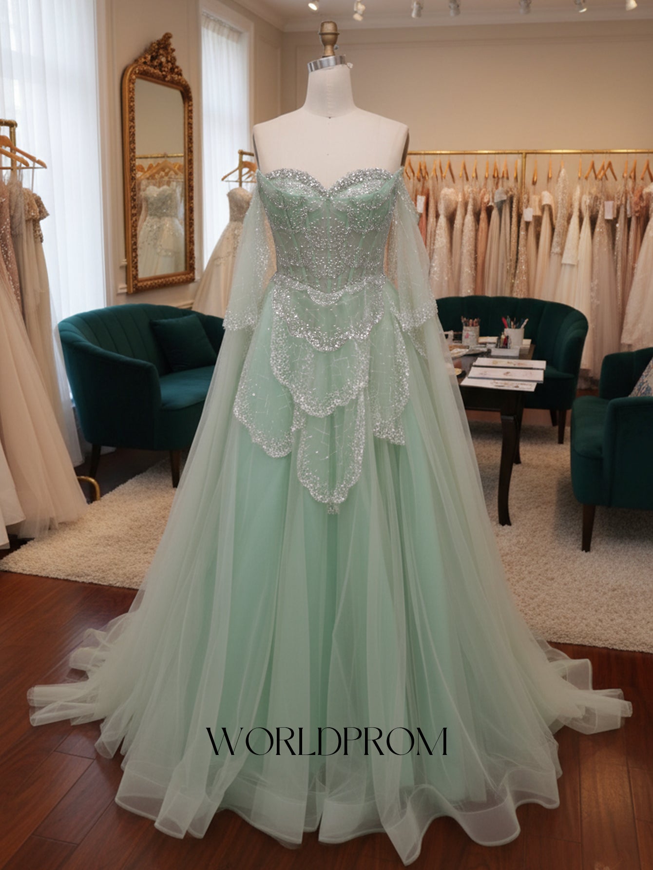 Sparkly Beading Off Shoulder Corset Ball Gown Long Prom Dress With Shawl - Mint Green