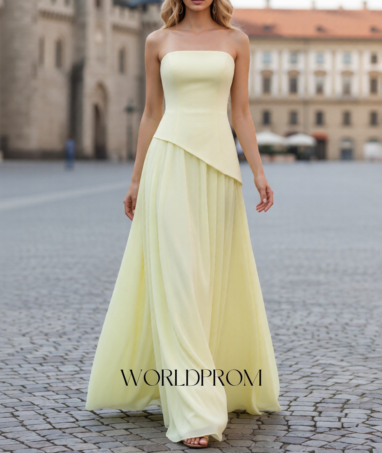 Strapless Corset Chiffon A-Line Long Prom Dress - Goose Yellow