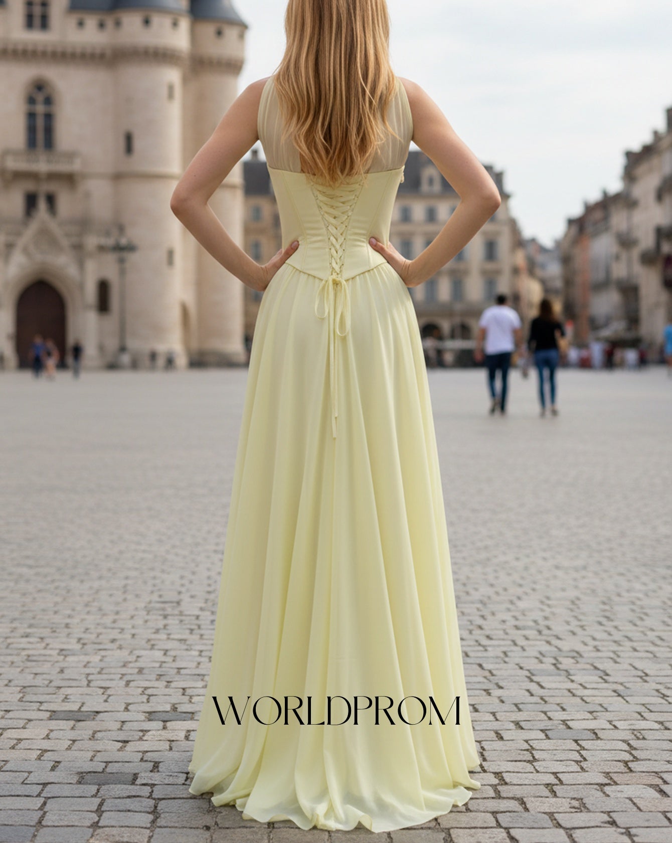Halter Sparkly Beading Corset A-Line Long Prom Dress With Slit - Goose Yellow