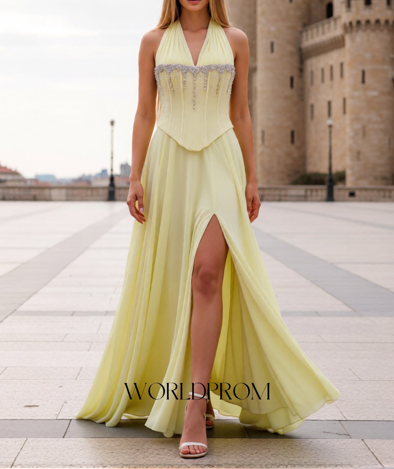 Halter Sparkly Beading Corset A-Line Long Prom Dress With Slit - Goose Yellow