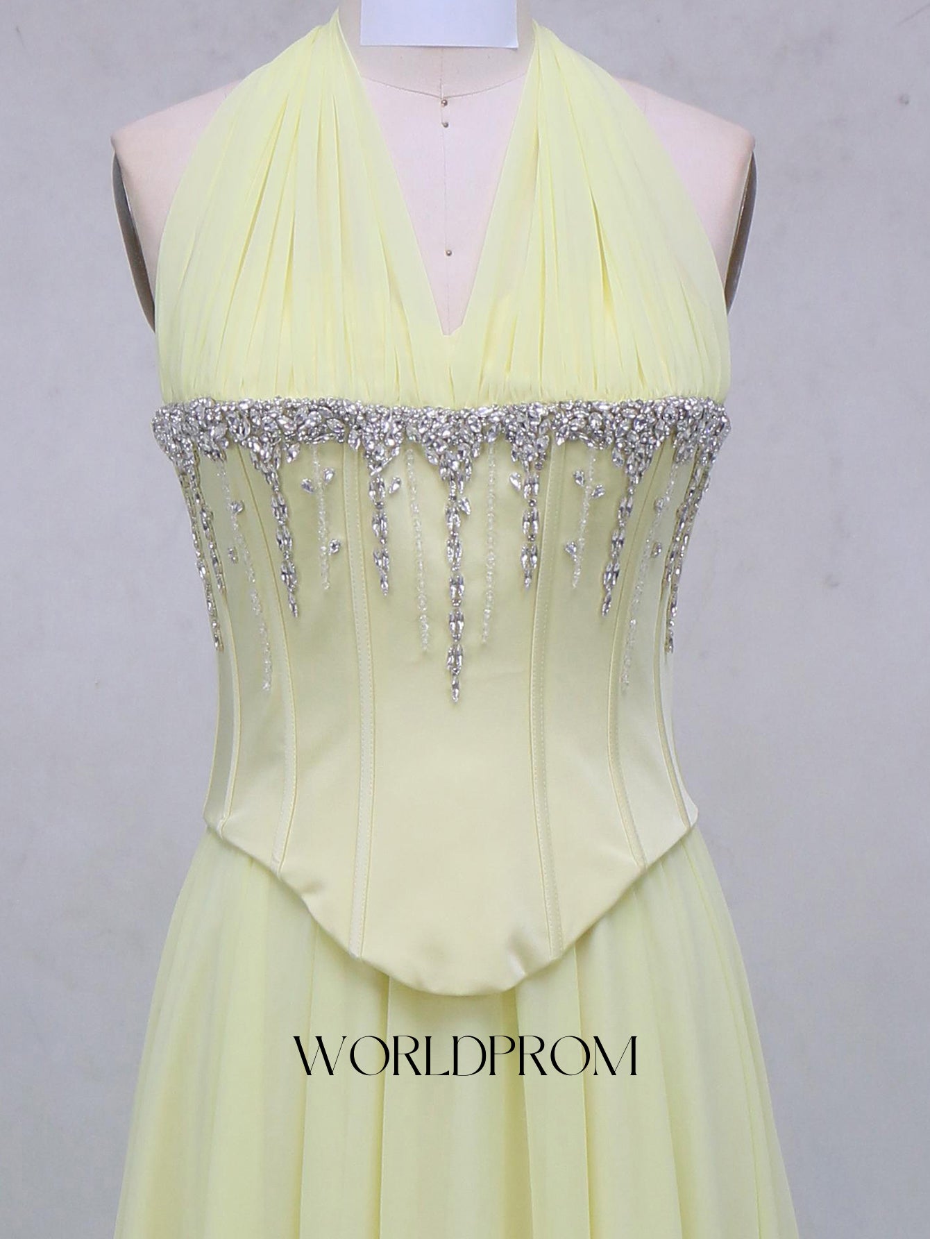 Halter Sparkly Beading Corset A-Line Long Prom Dress - Goose Yellow