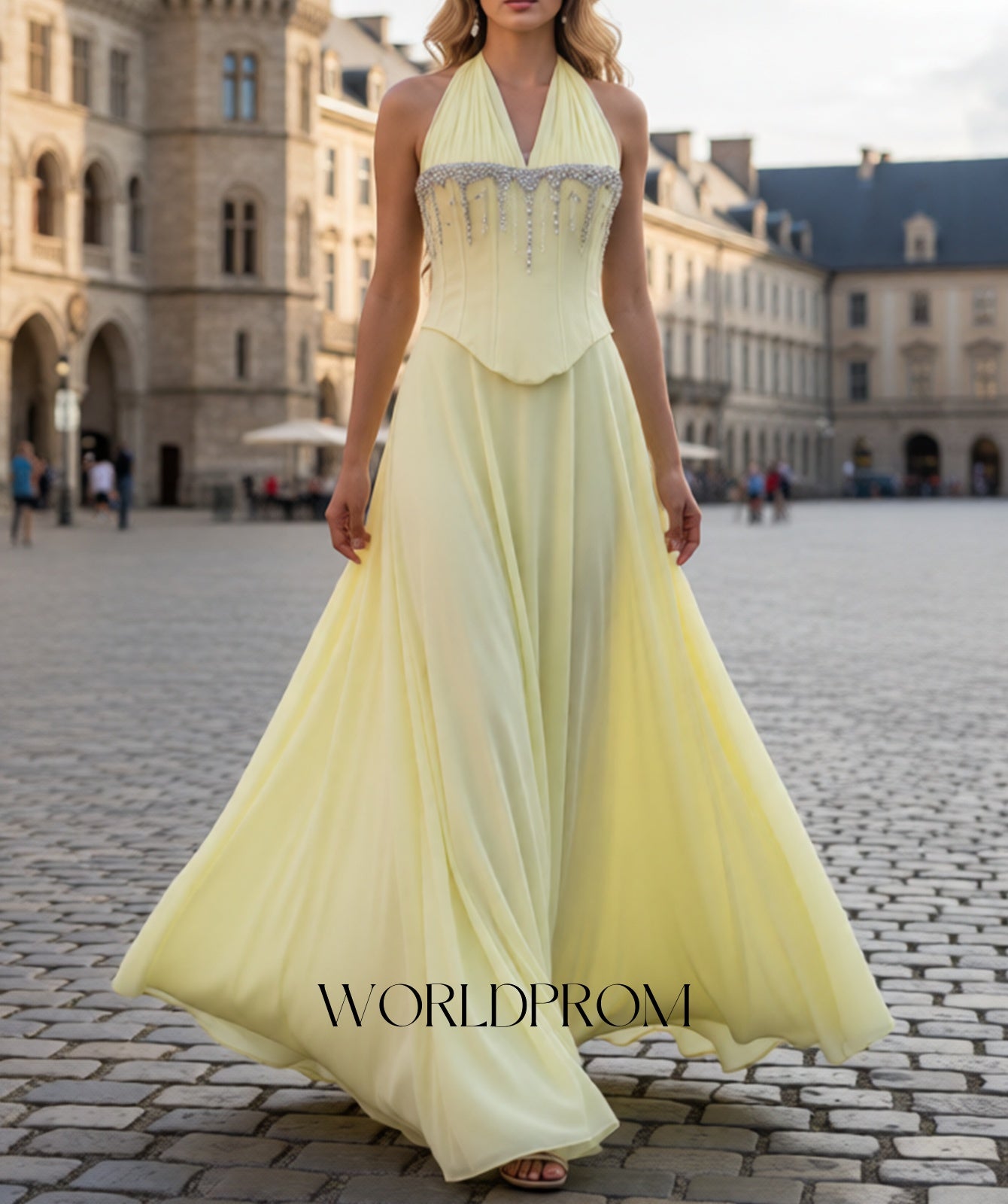 Halter Sparkly Beading Corset A-Line Long Prom Dress - Goose Yellow