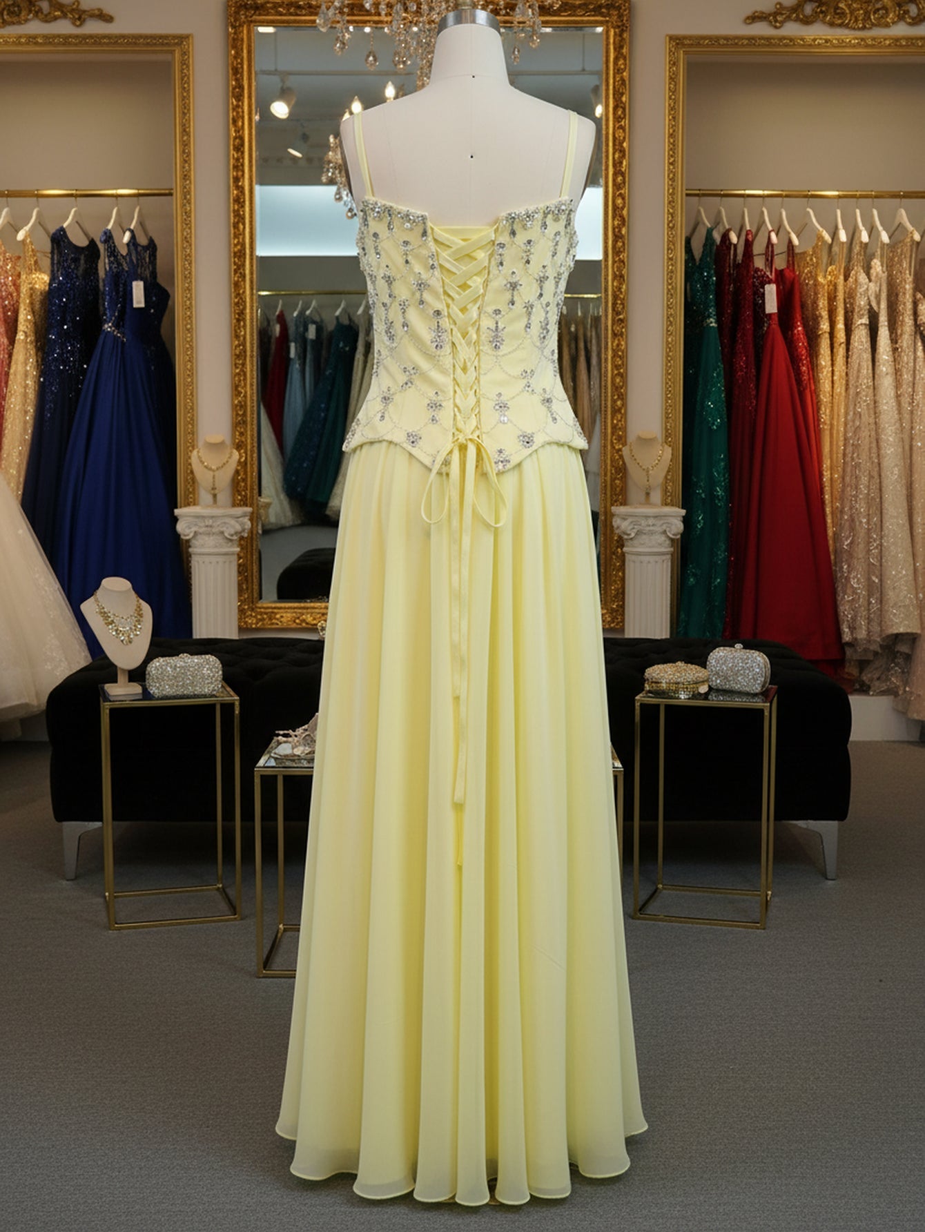 Sparkly Beading Spaghetti Shoulder Straps A-Line Long Prom Dress With Shawl - Goose Yellow