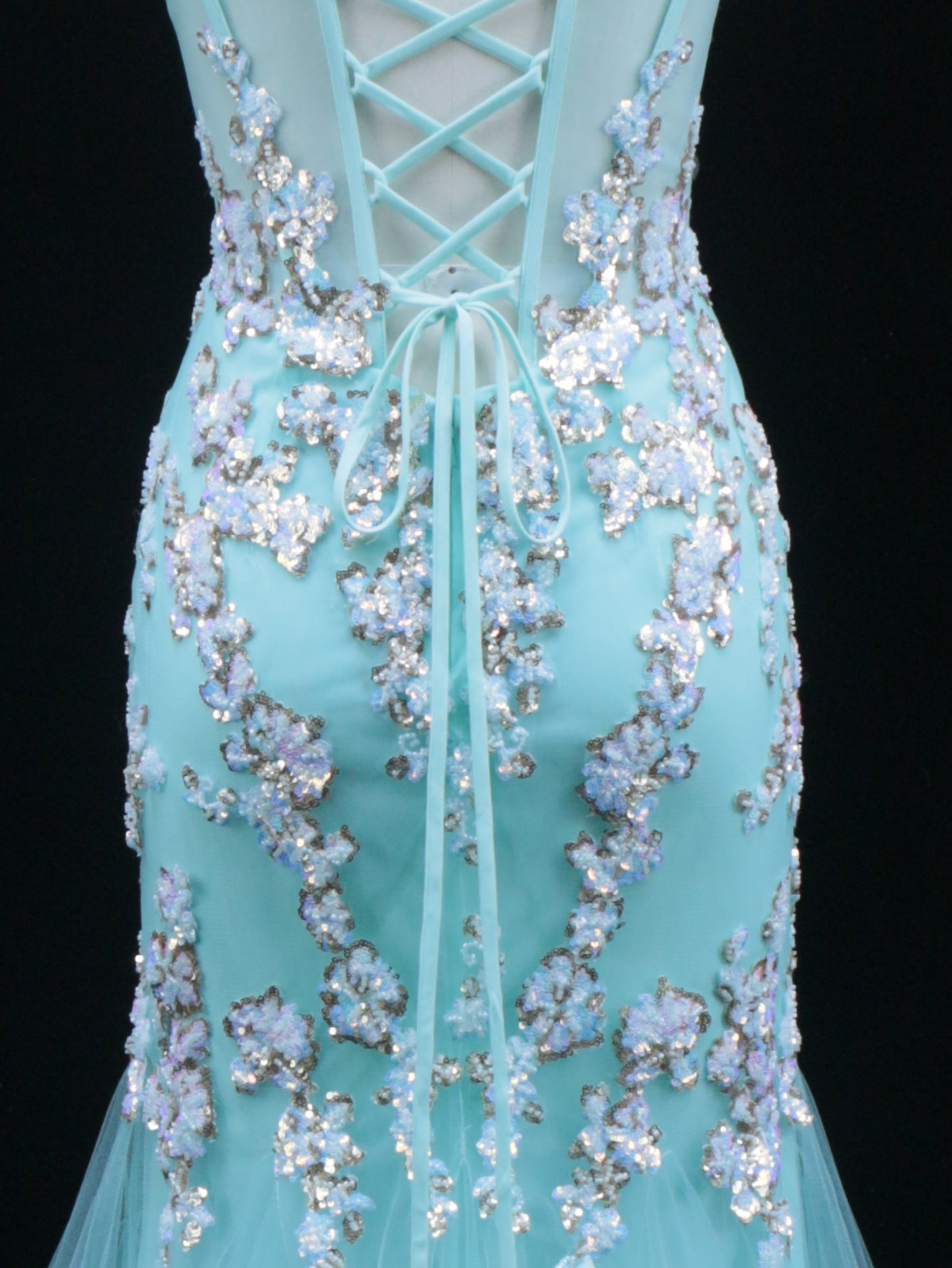 Sparkly Beading Spaghetti Shoulder Straps Floral Mermaid Long Prom Dress - Turquoise