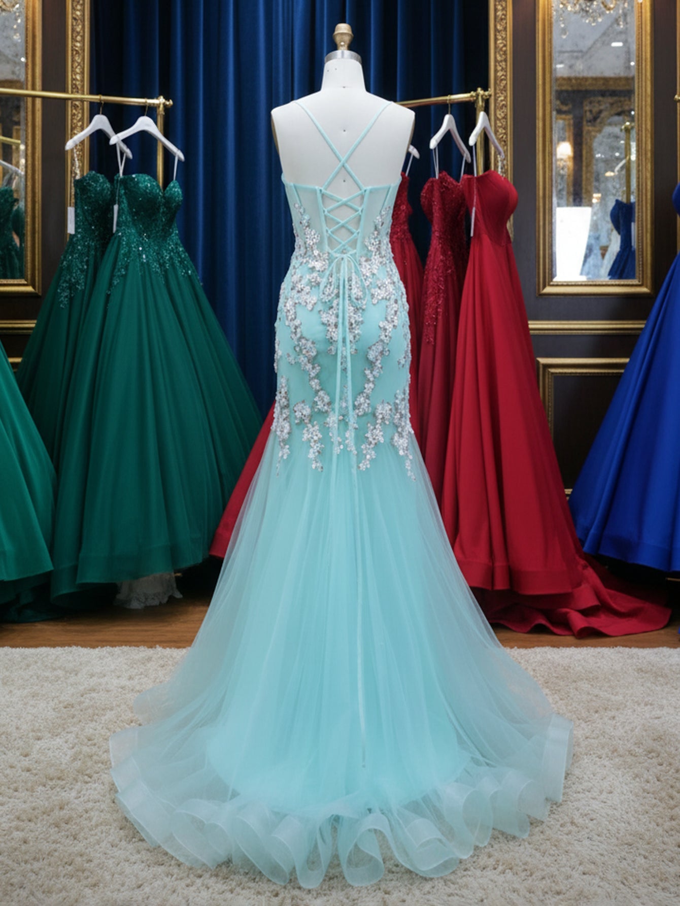 Sparkly Beading Spaghetti Shoulder Straps Floral Mermaid Long Prom Dress - Turquoise