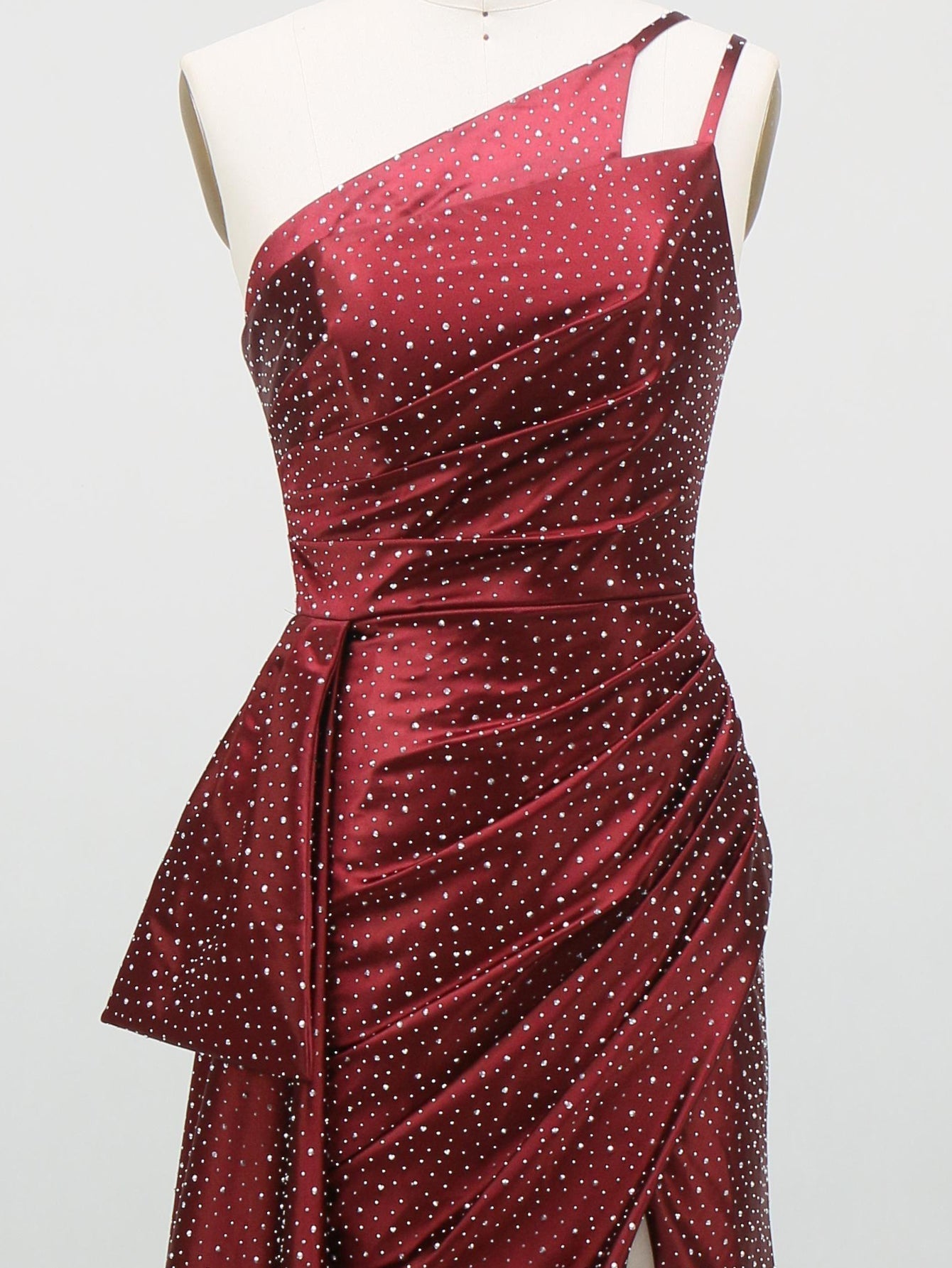 Hot Fix Crystal One Shoulder Mermaid Long Prom Dress With Drop Piece - Burgundy