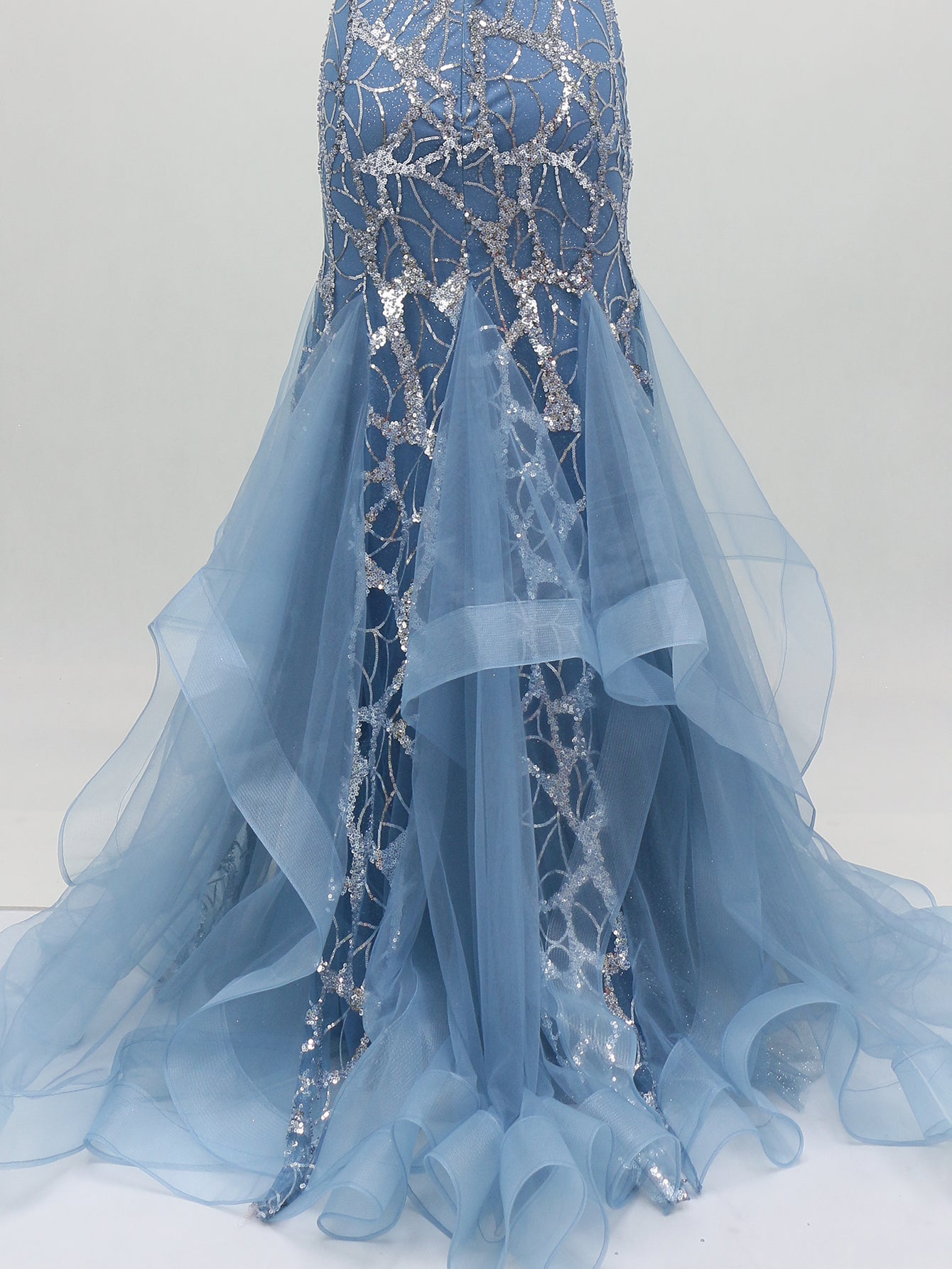 Sparkly Beading Deep V-Neck Mermaid Long Prom Dress With Slit - Light Blue