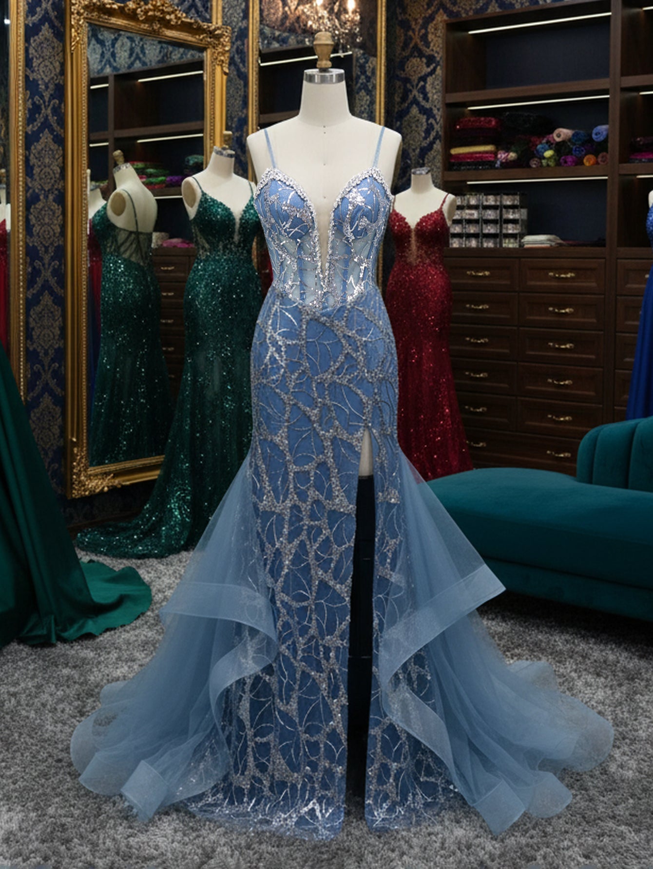 Sparkly Beading Deep V-Neck Mermaid Long Prom Dress With Slit - Light Blue
