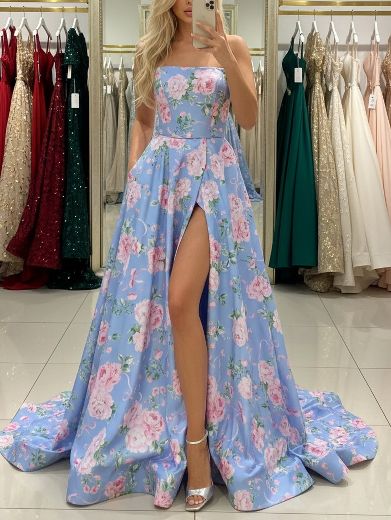 Strapless Floral Corset Lace Up A-Line Long Prom Dress With Pockets - Blue Floral