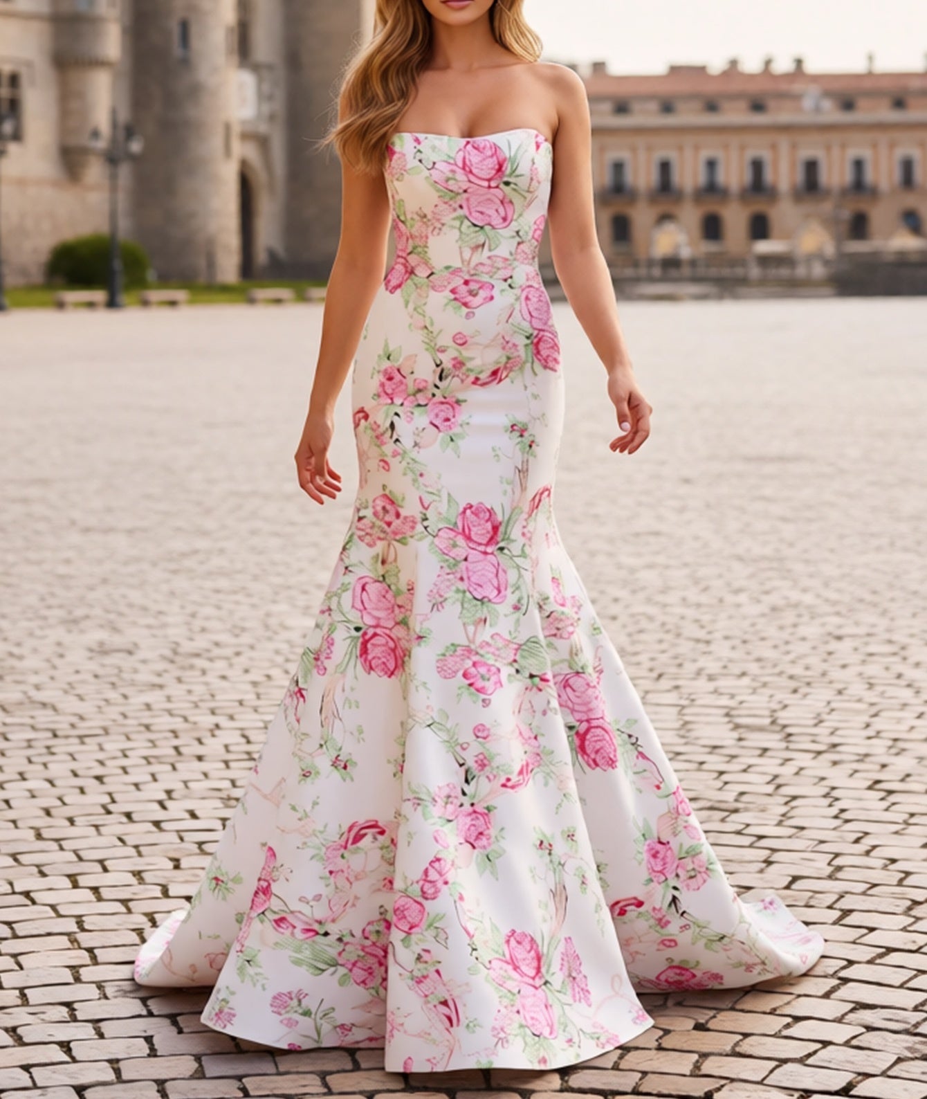 Strapless Corset Lace Up Floral Backless Mermaid Long Prom Dress - Pink Floral