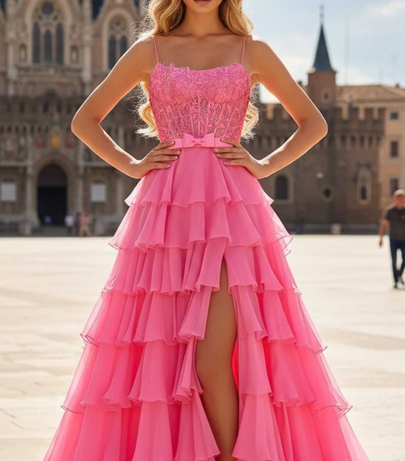 Sparkly Beading Bow Lace Illusion Layered Ruffles A-Line Long Prom Dress - Hot Pink