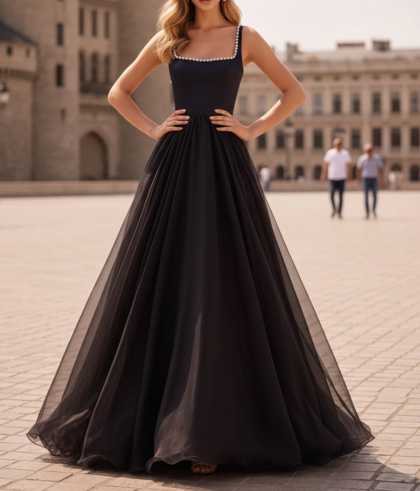 Tank Square Beading Corset Lace Up Chiffon A-Line Long Prom Dress - Black