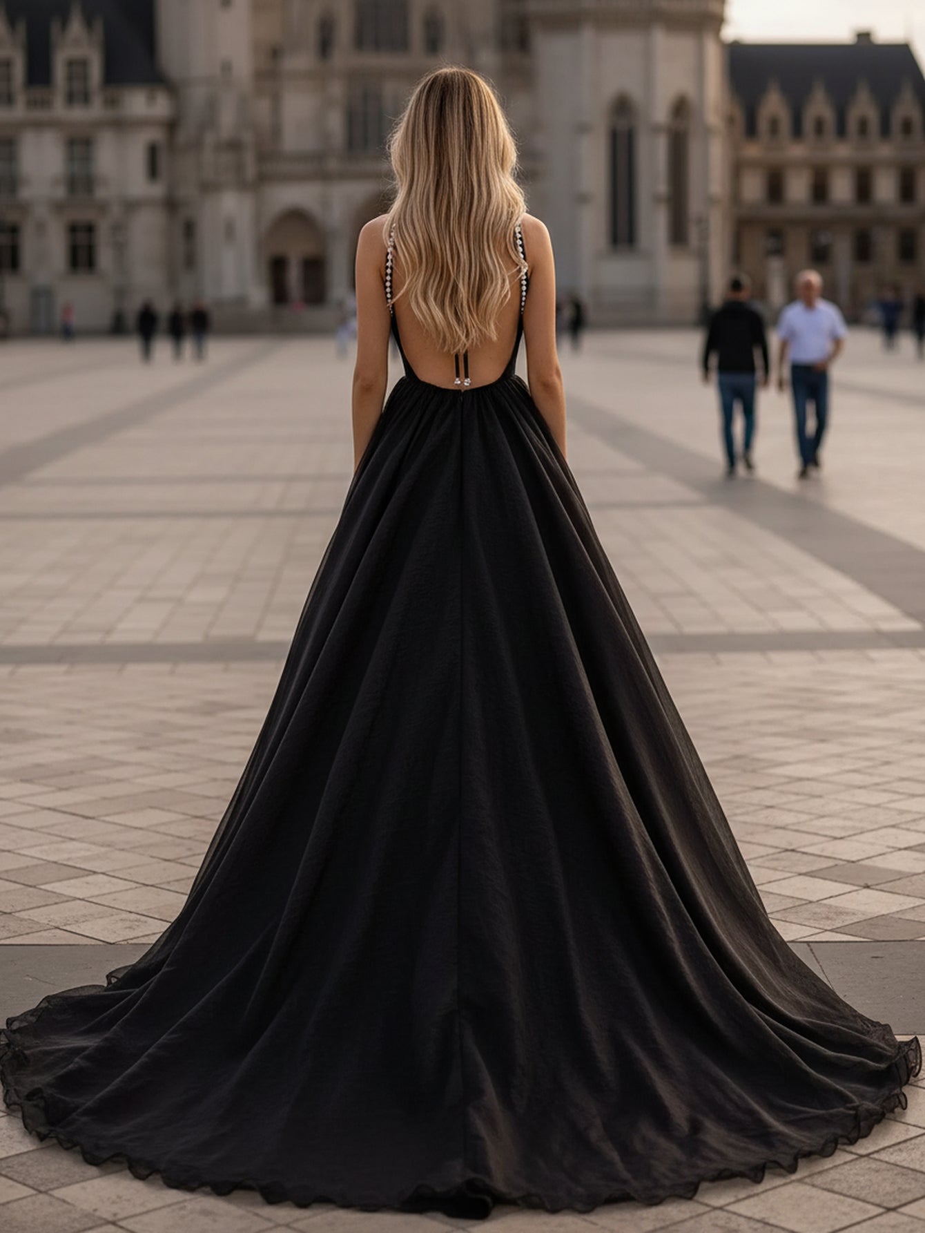 Tank Square Beading Corset Lace Up Chiffon A-Line Long Prom Dress - Black