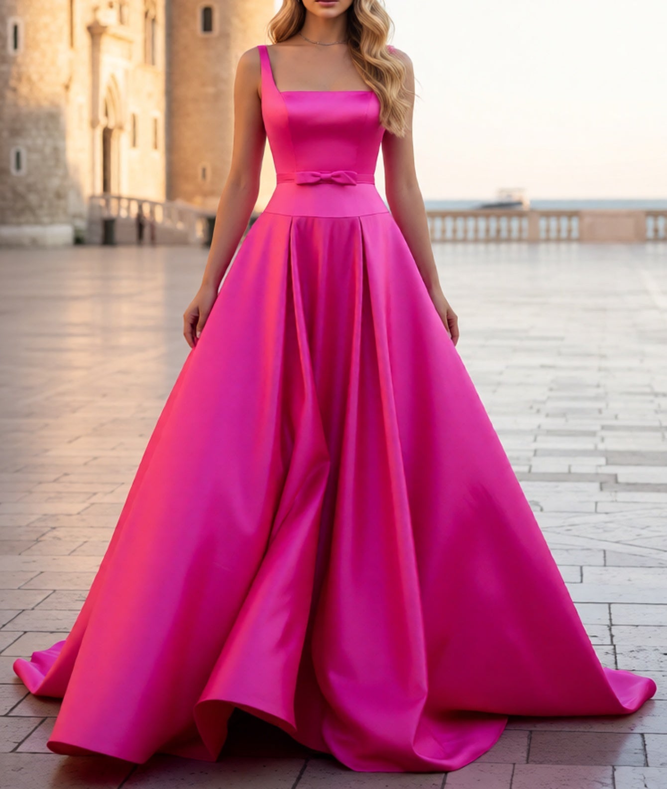 Tank Bow Coset Lace Up Ball Gown Long Prom Dress - Hot Pink
