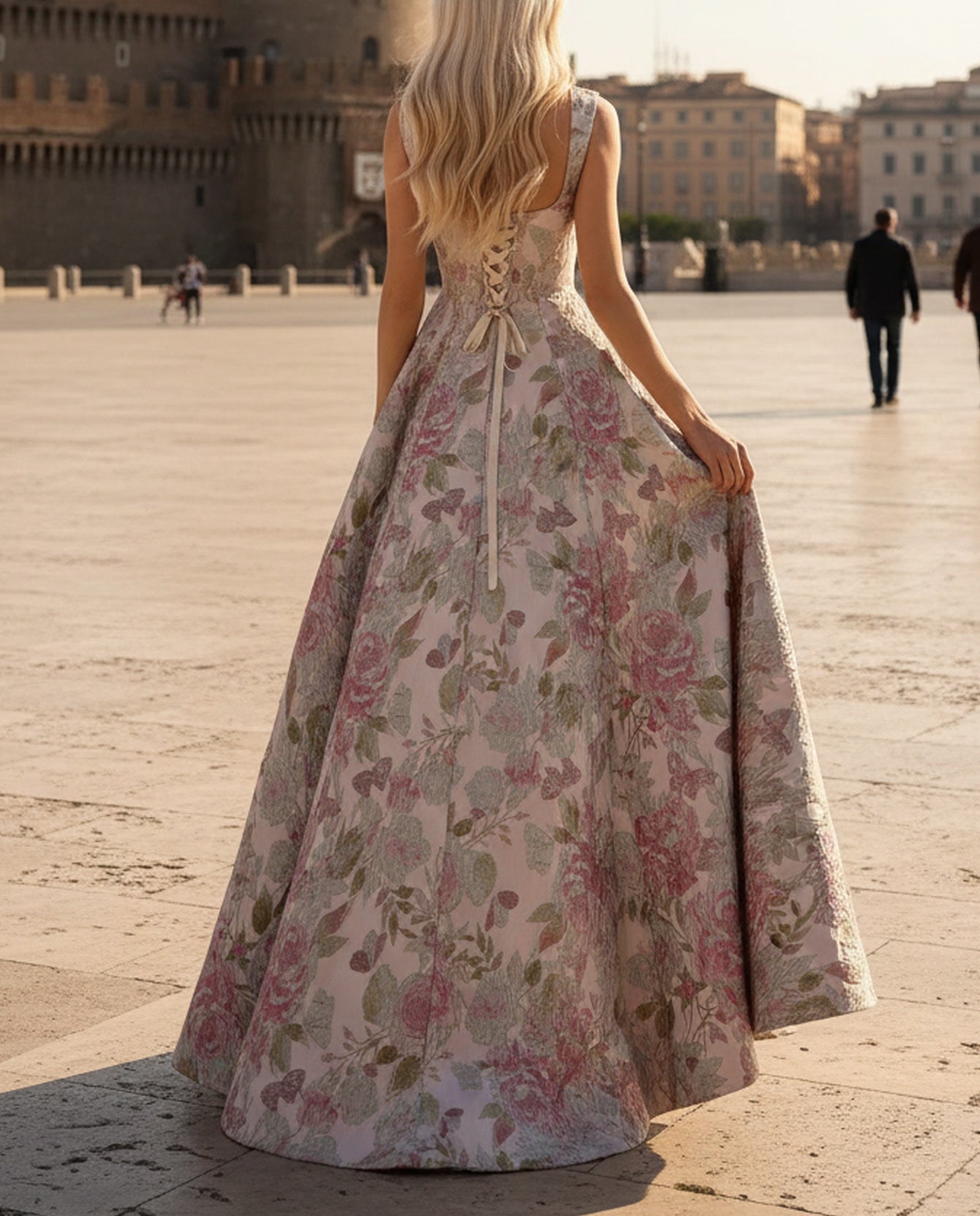 Tank Corset Lace Up Square Floral Long A-Line Prom Dress - Pink Floral