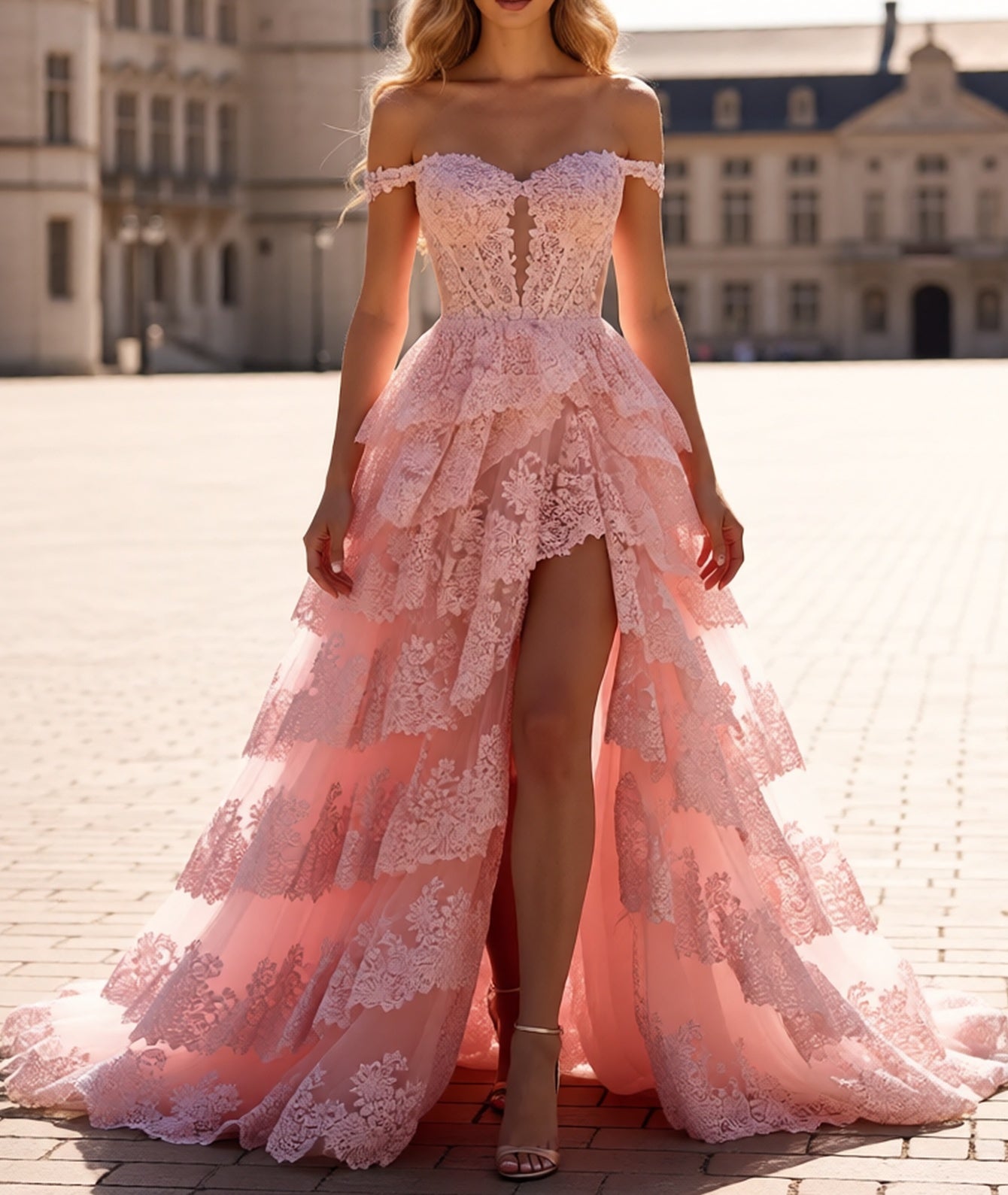 Off Shoulder Sweetheart Cut Front Lace Layered Ruffle Hem Long Ball Gown Prom Dress - Blush Pink