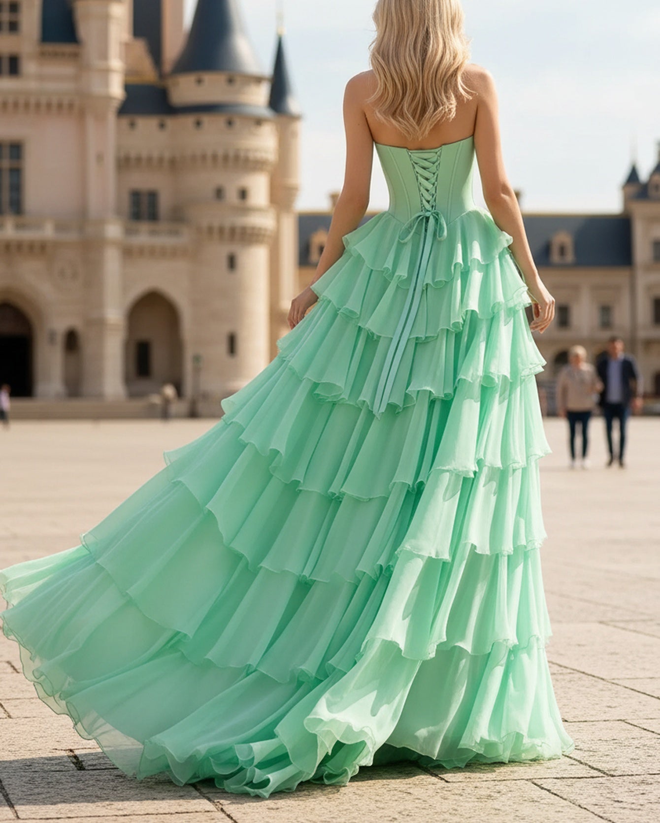 Bow Front Hot Fix Crystal Corset Long Layered Ruffle Hem Prom Dress  - Mint Green