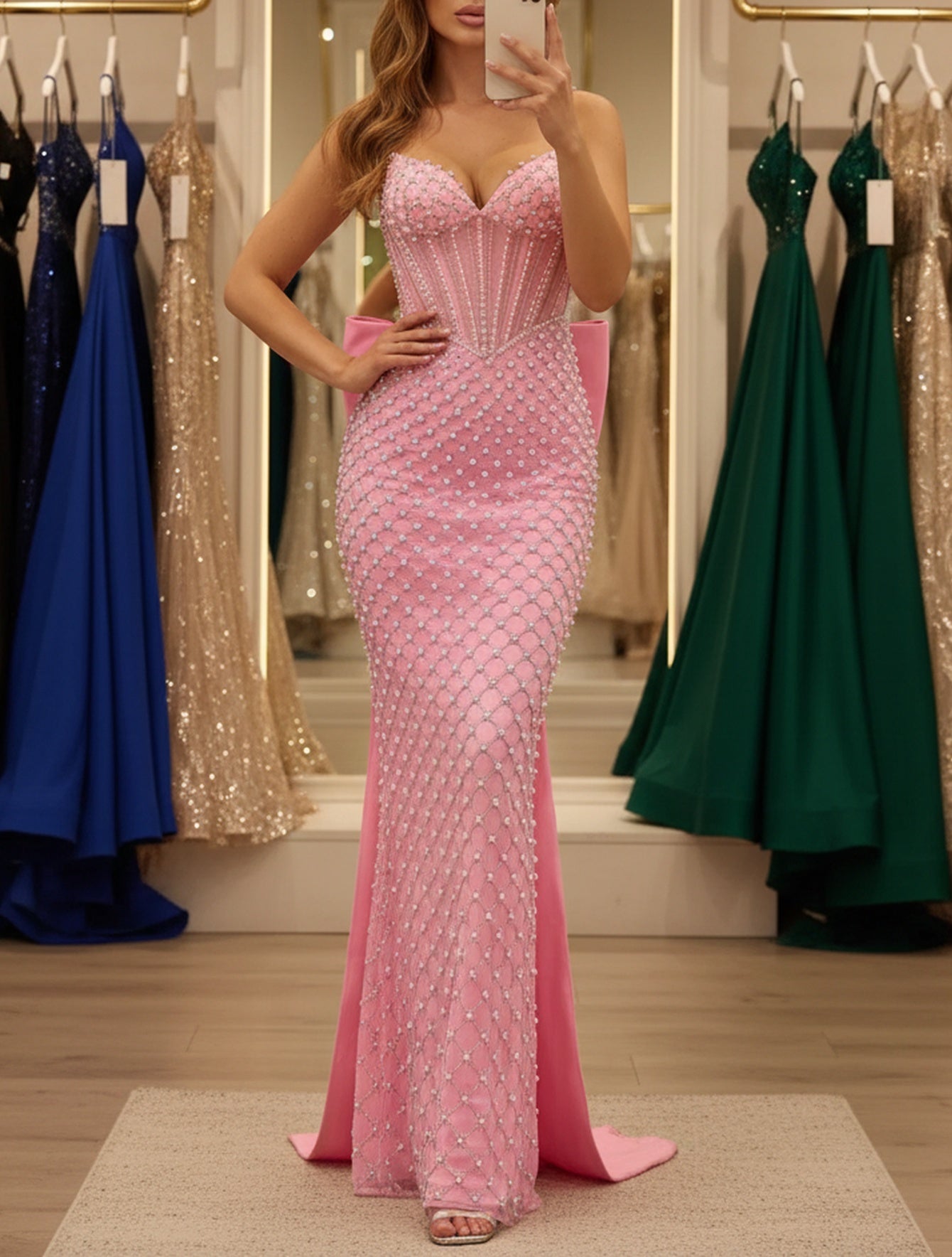 Big Bow Back Sparkly Beading Corset Long Mermaid Prom Dress  - Hot Pink