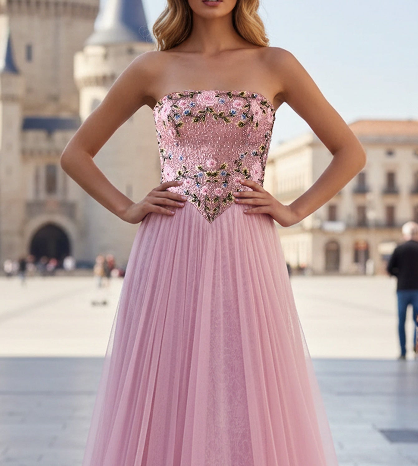 Hot Fix Crystal Corset Floral Long A-Line Prom Dress - Pink