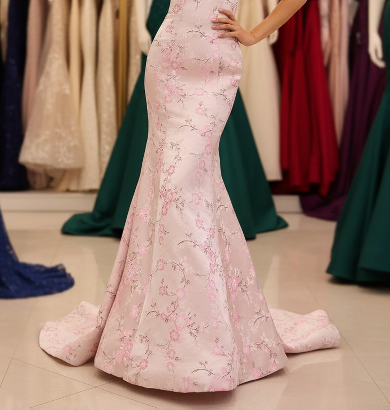 Floral Twist Corset Lace Up Long Mermaid Prom Dress - Pink Floral