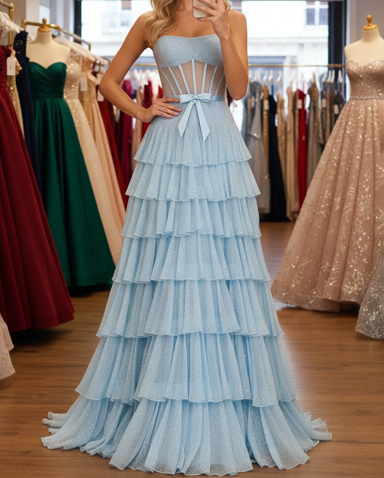 Hot Fix Crystal Illusion Long Layered Ruffle Hem Prom Dress With Bow - Light Blue