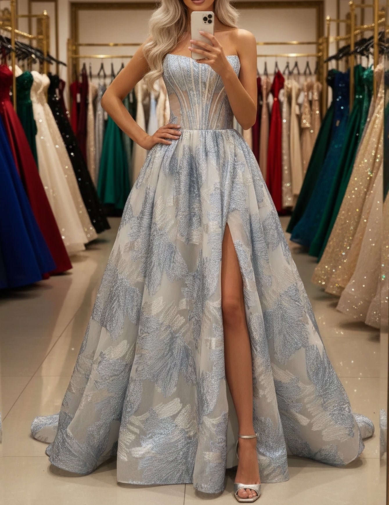 Floral Corset Pleated Illusion Long Prom Dress With Pockets - Light Blue