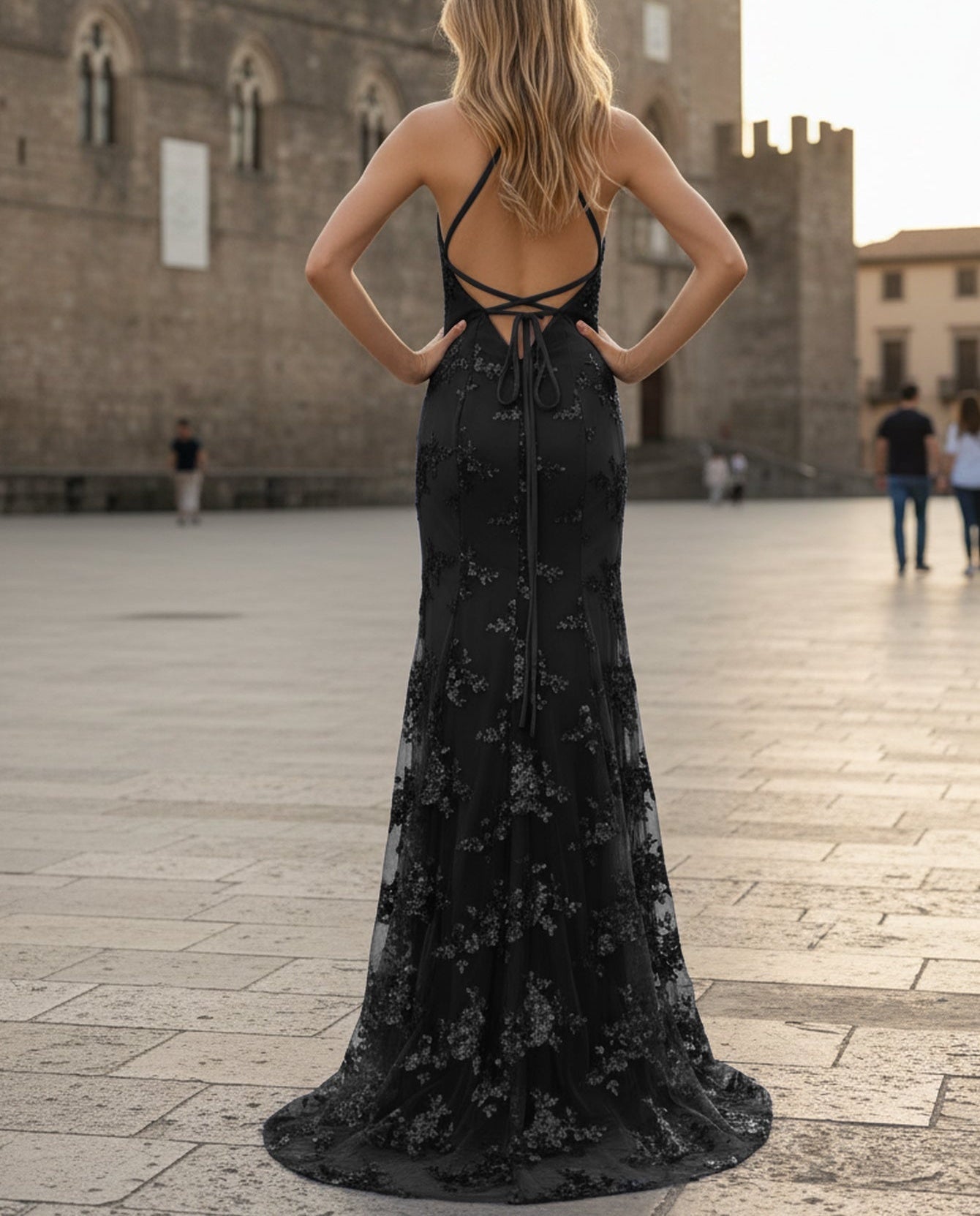 Sparking Beading Halter Backless Long Mermaid Prom Dress With Slit - Black