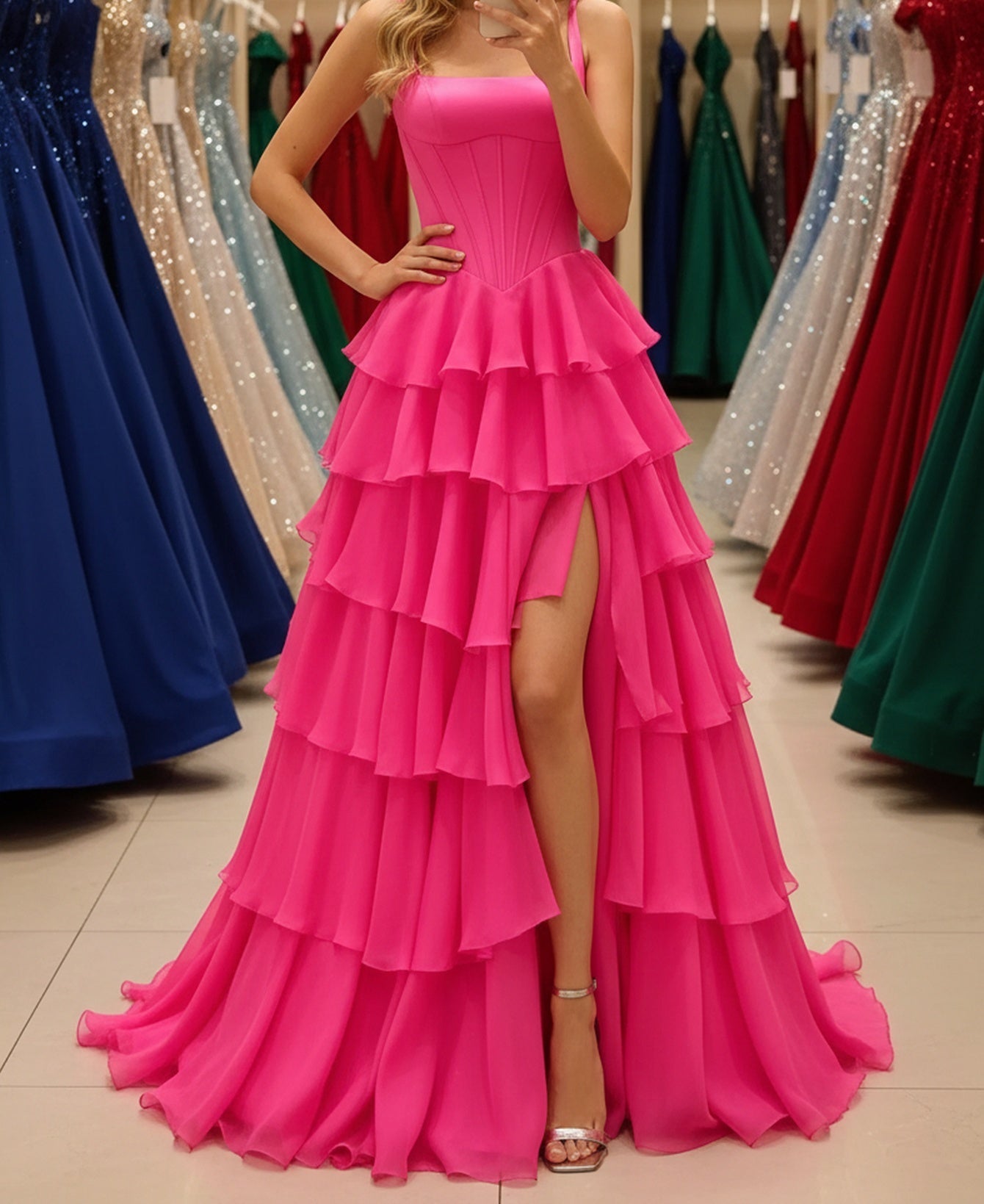 Square Ruffle Ruched Lace Up Bodice Long Prom Dress - Hot Pink