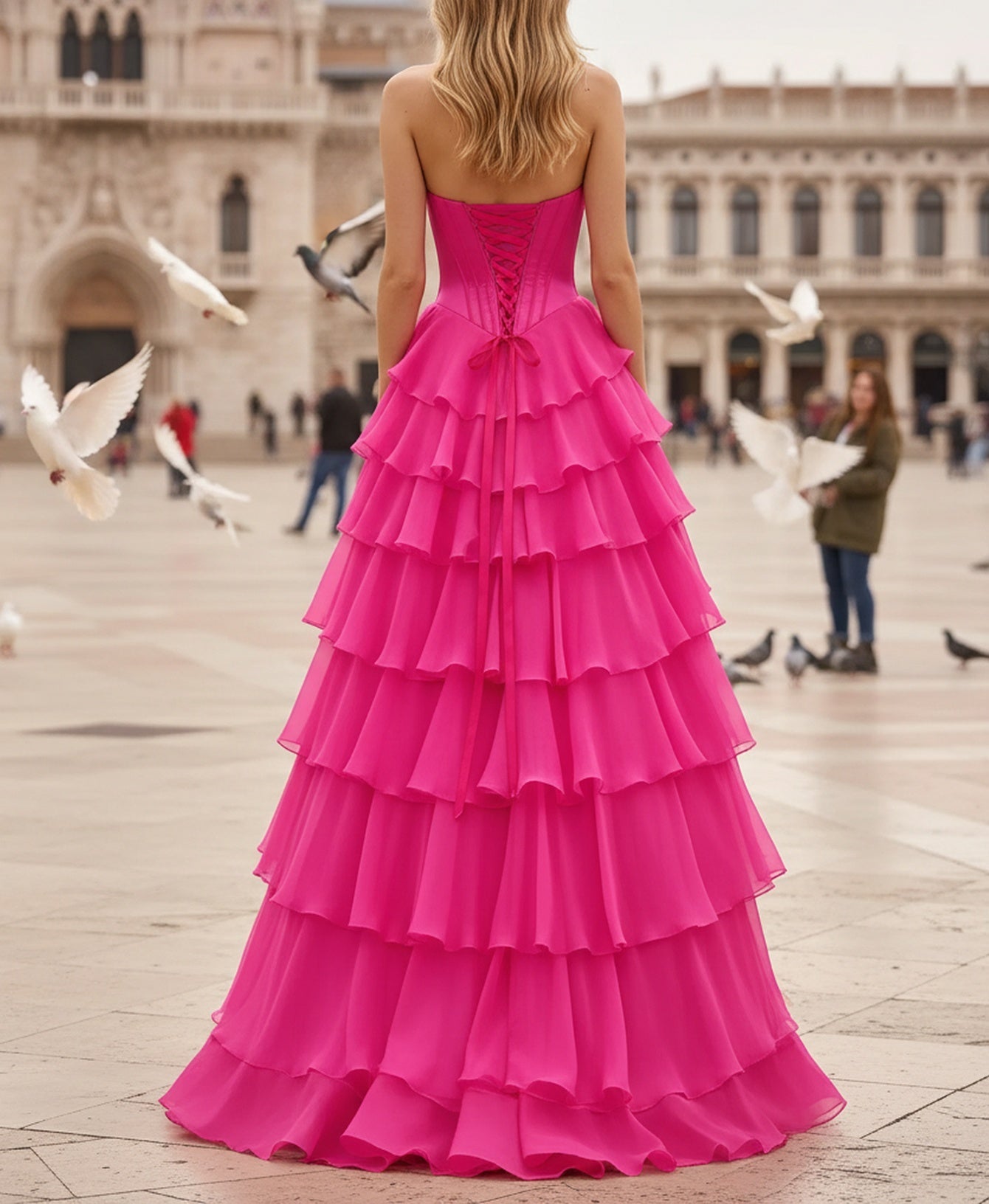 Crystal Corset Layered Ruffle Hem Long Prom Dress With Slit - Hot Pink