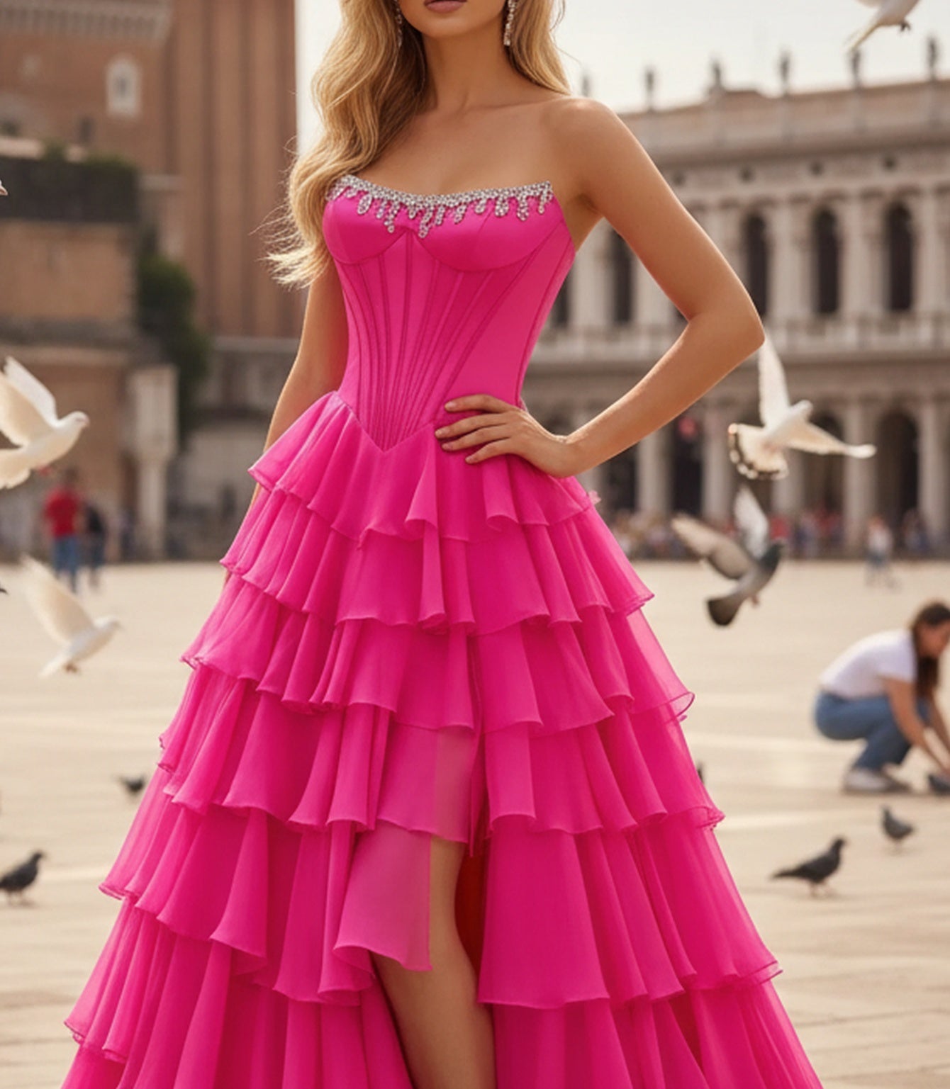 Crystal Corset Layered Ruffle Hem Long Prom Dress With Slit - Hot Pink