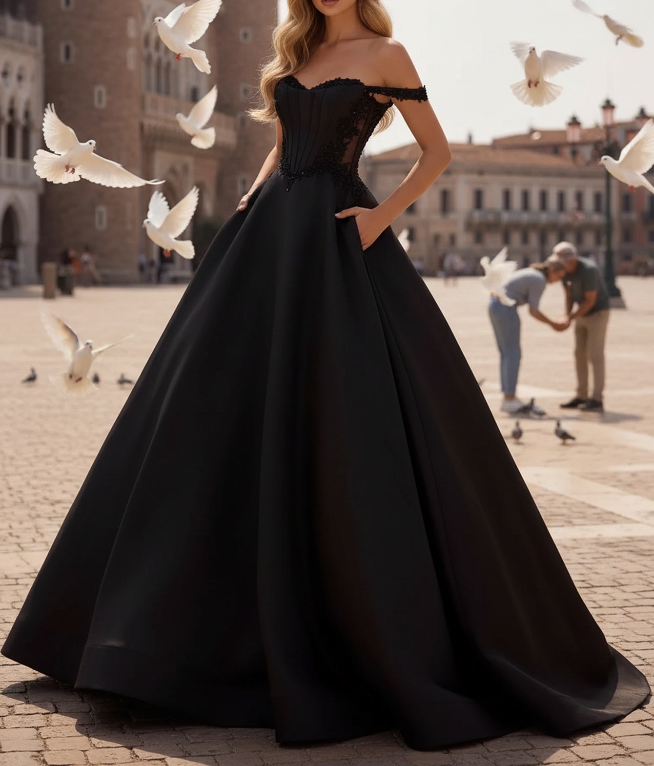 Off Shoulder Sparkly Beading Illusion Long Ball Gown Prom Dress With Pockets - Black