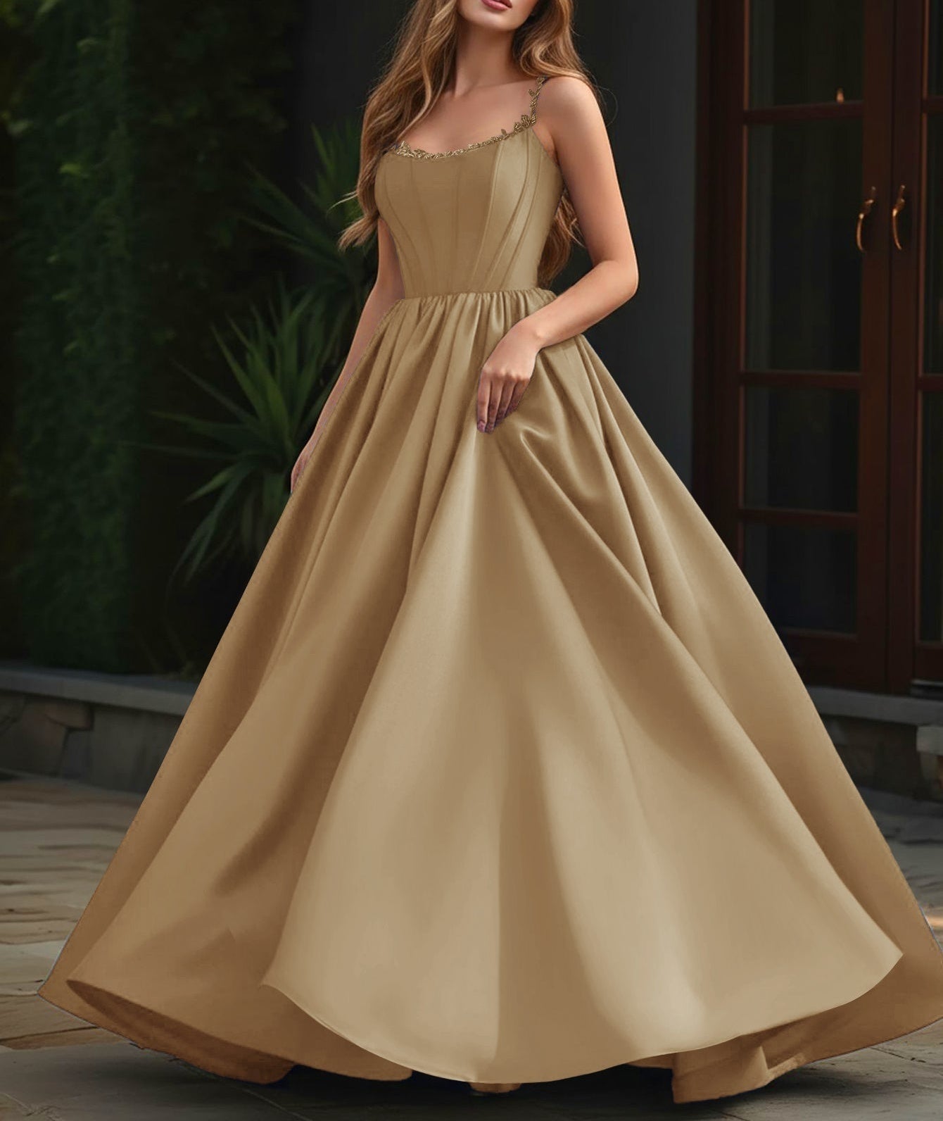 Spaghetti Straps Bodice Ball Gown Evening Dress - Gold