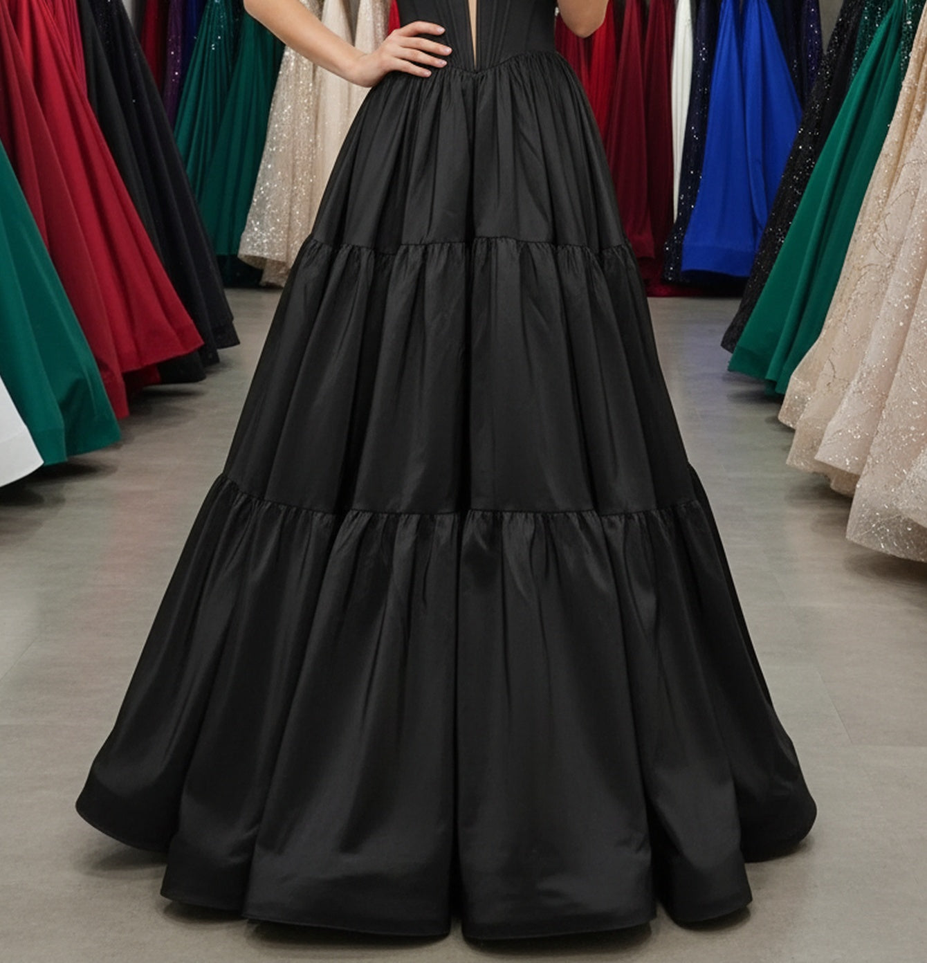Deep V-Neck Off Shoulder Illusion Long Ball Gown Prom Dress - Black