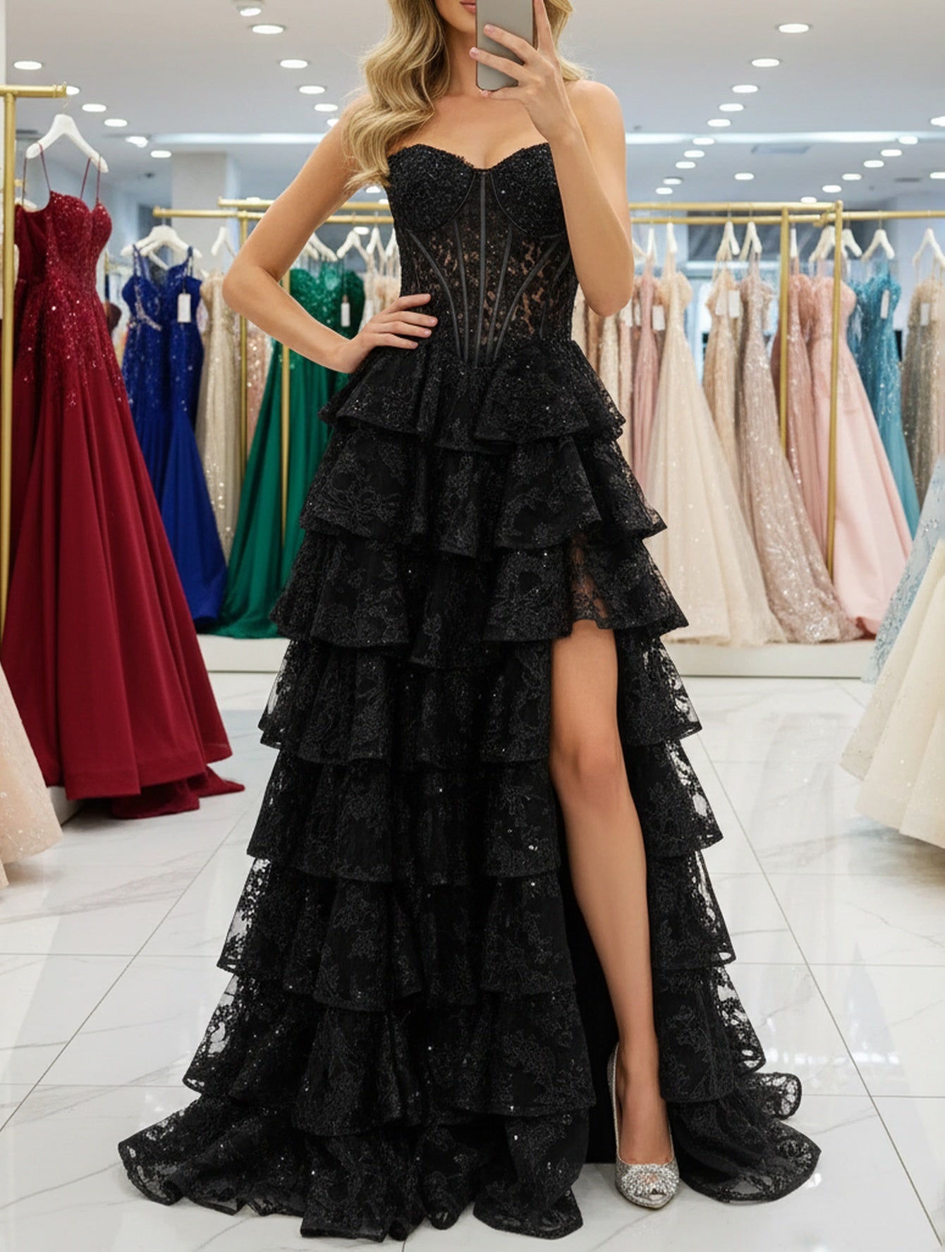 Sparkly Embroidery Ruffle Lace Up Illusion Bodice Long Ball Gown Prom Dress - Black
