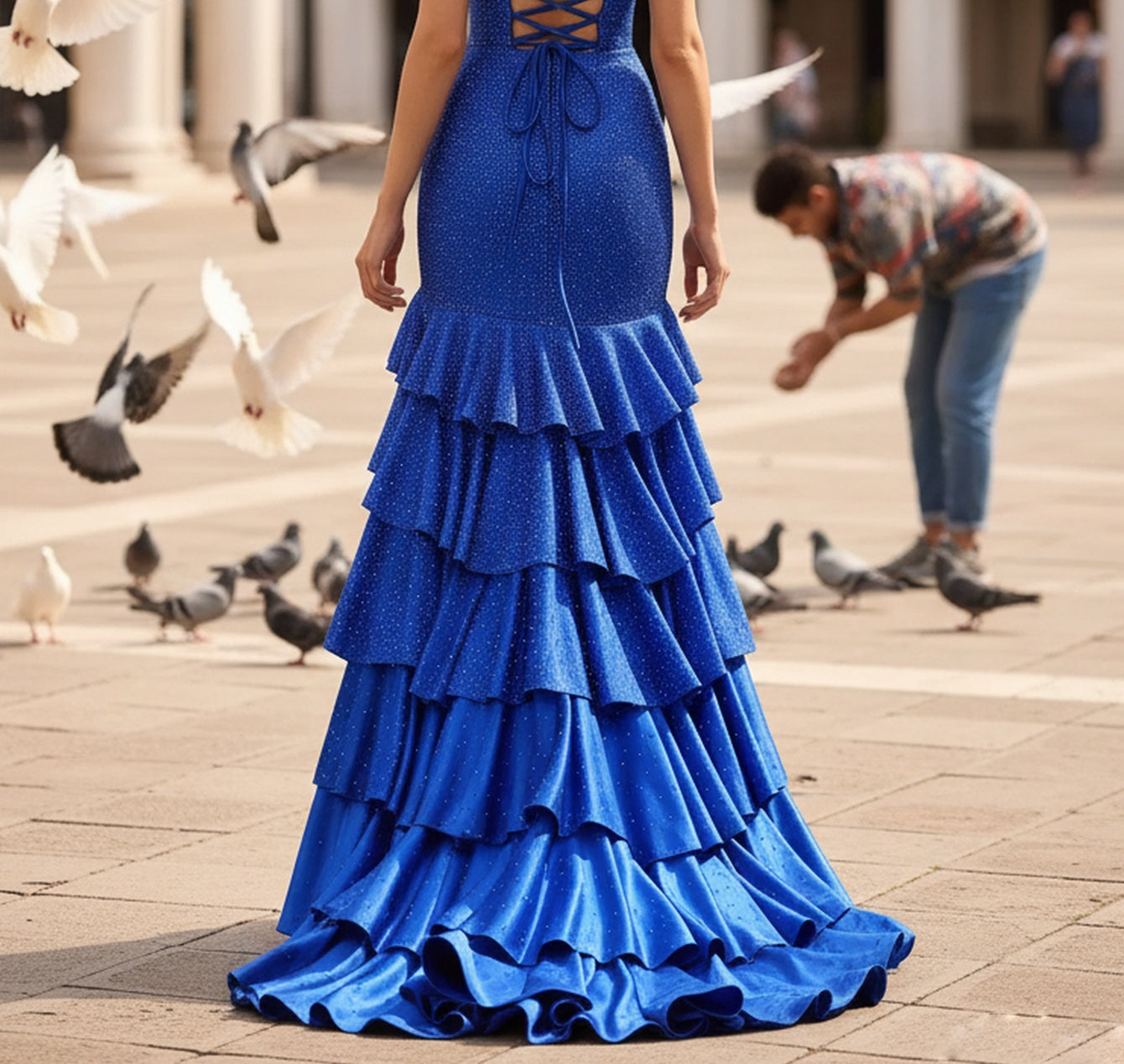 Halter Hot Fix Crystal Ruffle Hem Lace Up Long Prom Dress Mermaid With Slit - Royal Blue