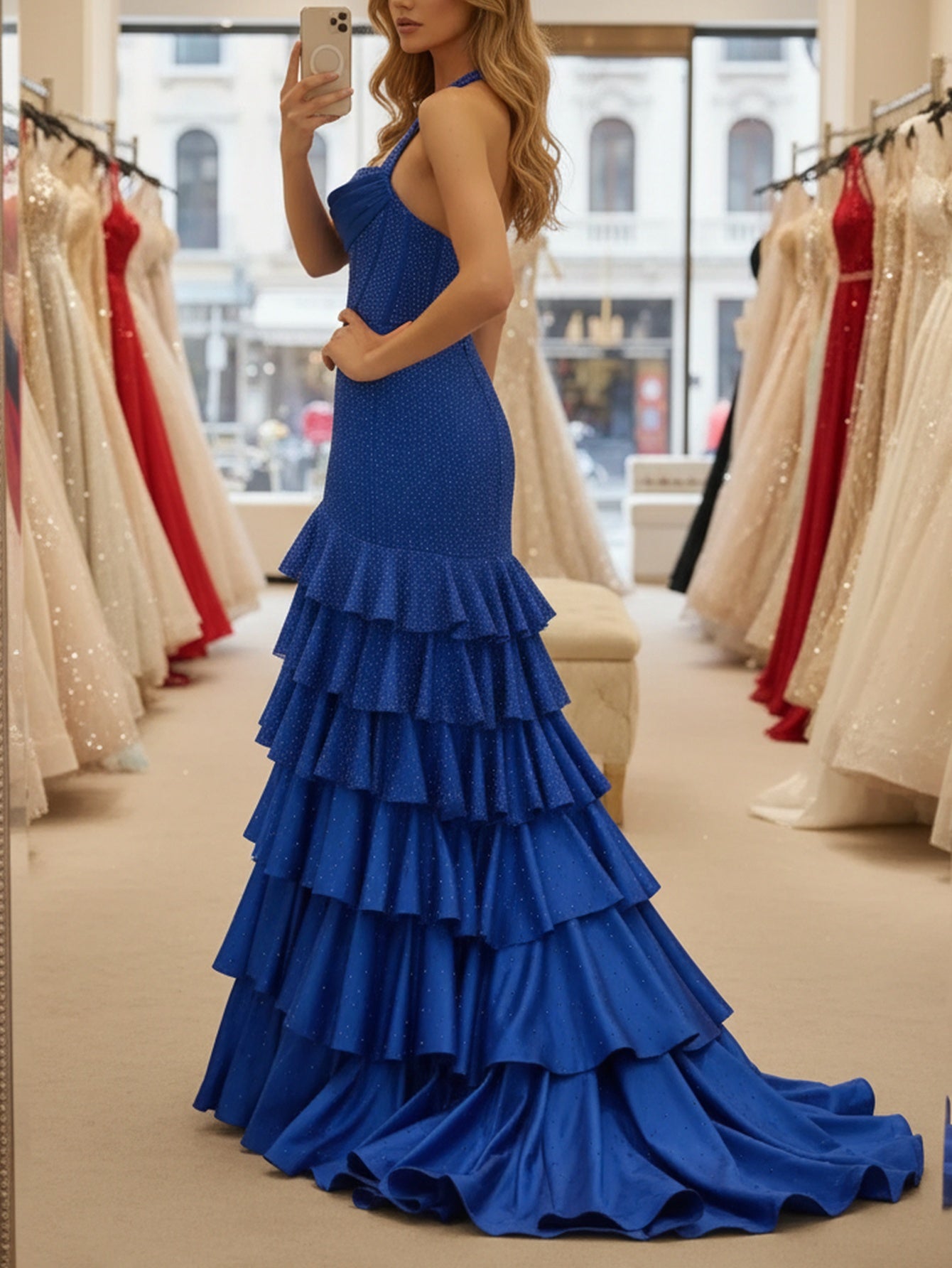 Halter Hot Fix Crystal Ruffle Hem Lace Up Long Prom Dress Mermaid With Slit - Royal Blue