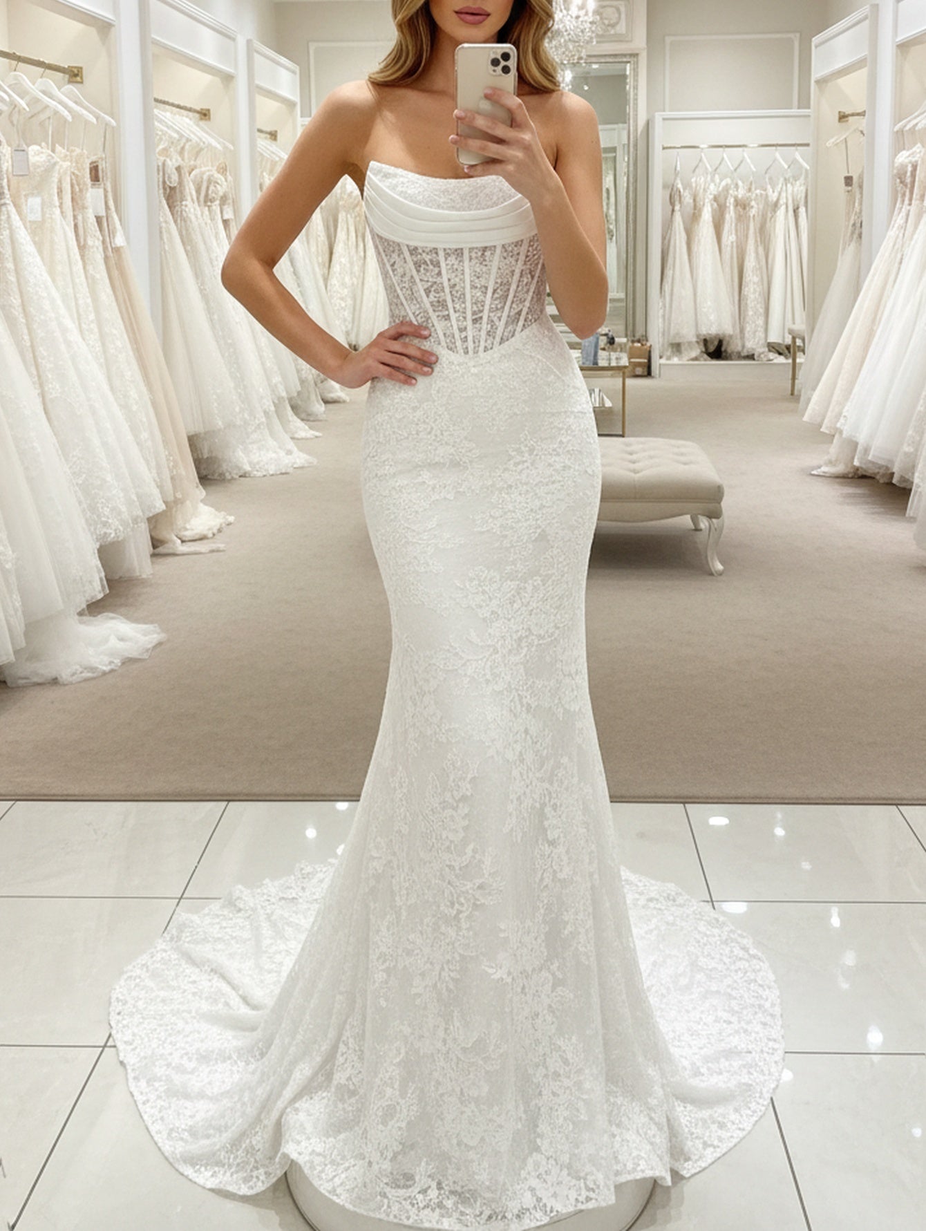 Ruched Embroidery Lace Up Illusion Bodice Long Mermaid Prom Dress - White