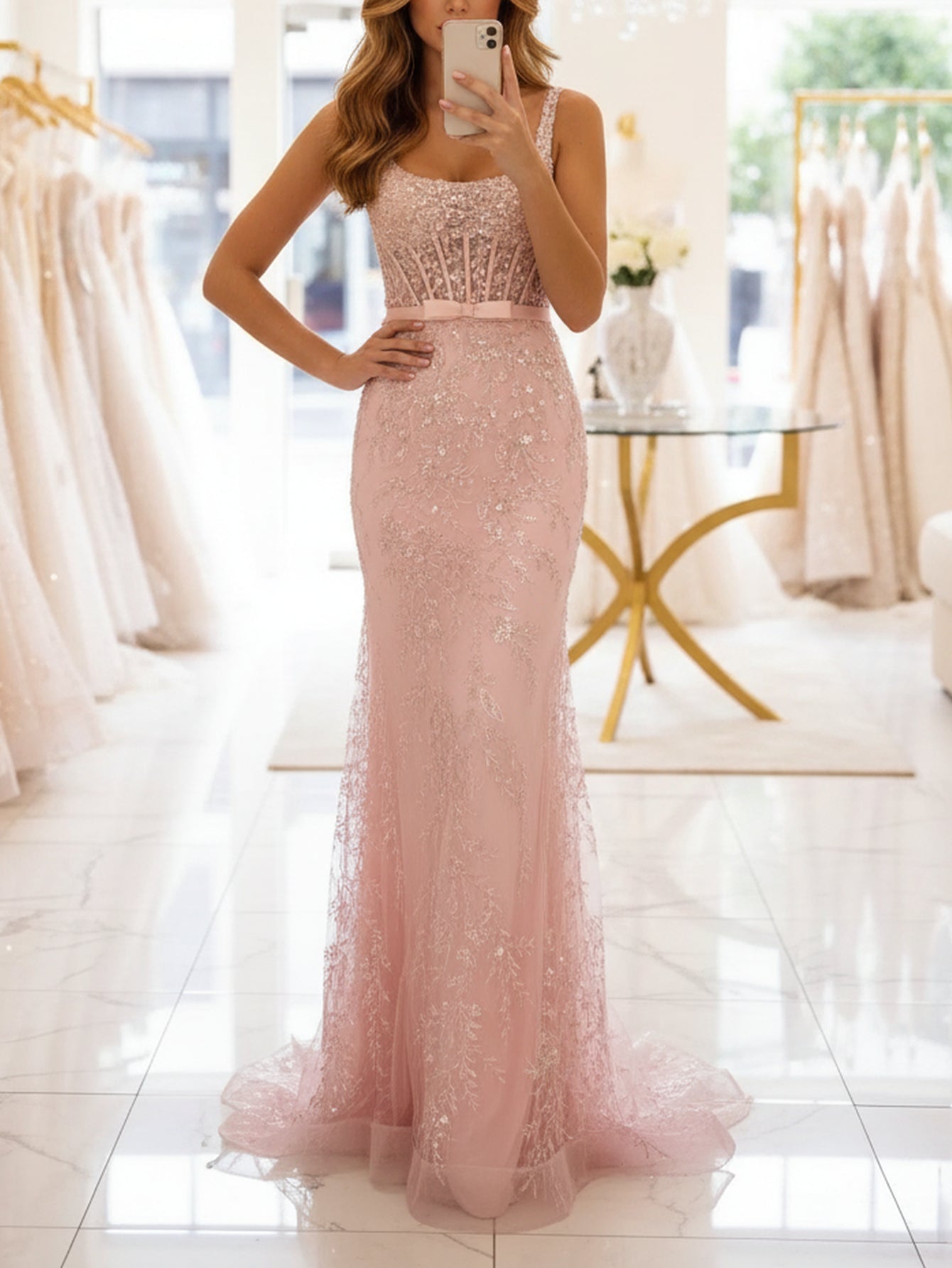 Sparkly Illusion Bow Front Bodice Long Mermaid Prom Dress - Pink