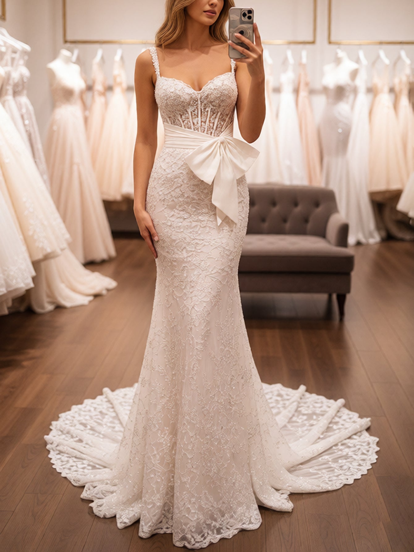 Bow Front Embroidery Illusion Pleated Lace Up Bodice Long Mermaid Prom Dress - White