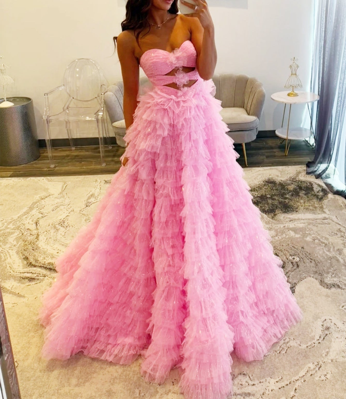 Cut Front 3D Rose Ruffle Ball Gown Prom Dress - Pink