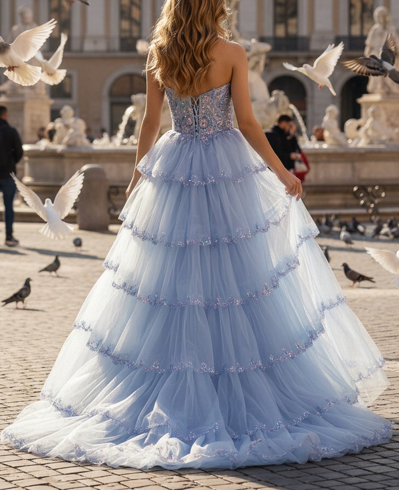 Embroidery Sparkly Beading Ruffle Bodice Ball Gown Long Prom Dress - Lavender