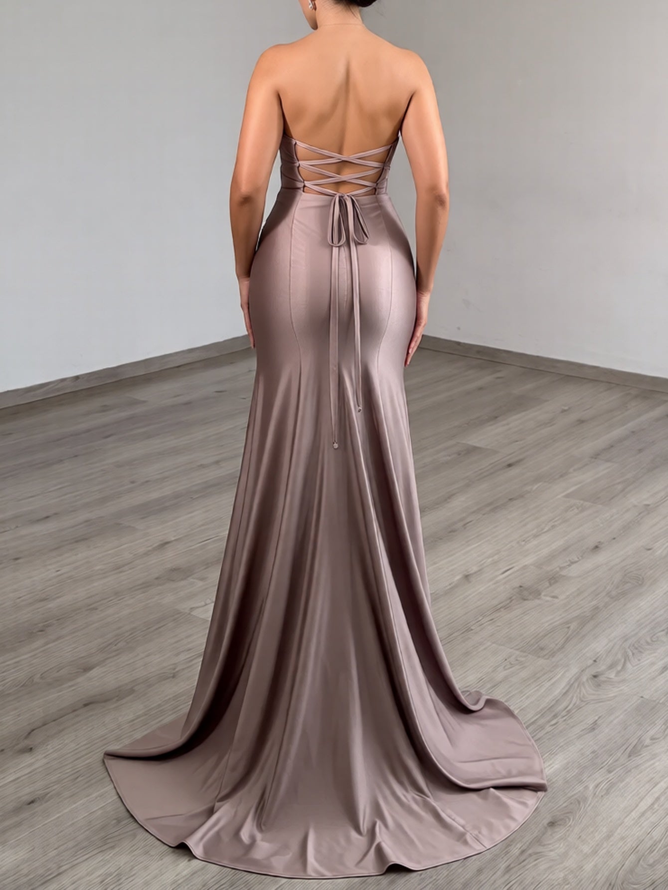 Sparkly Beading Lace Up Cut Front Ruched Bodice Long Mermaid Prom Dress  - Dusty Rose