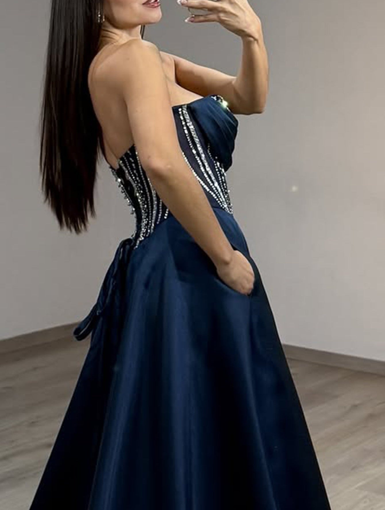 Hot Fix Crystal Lace Up Ruched Bodice Long Ball Gown Prom Dress With Pocket - Dusty Blue