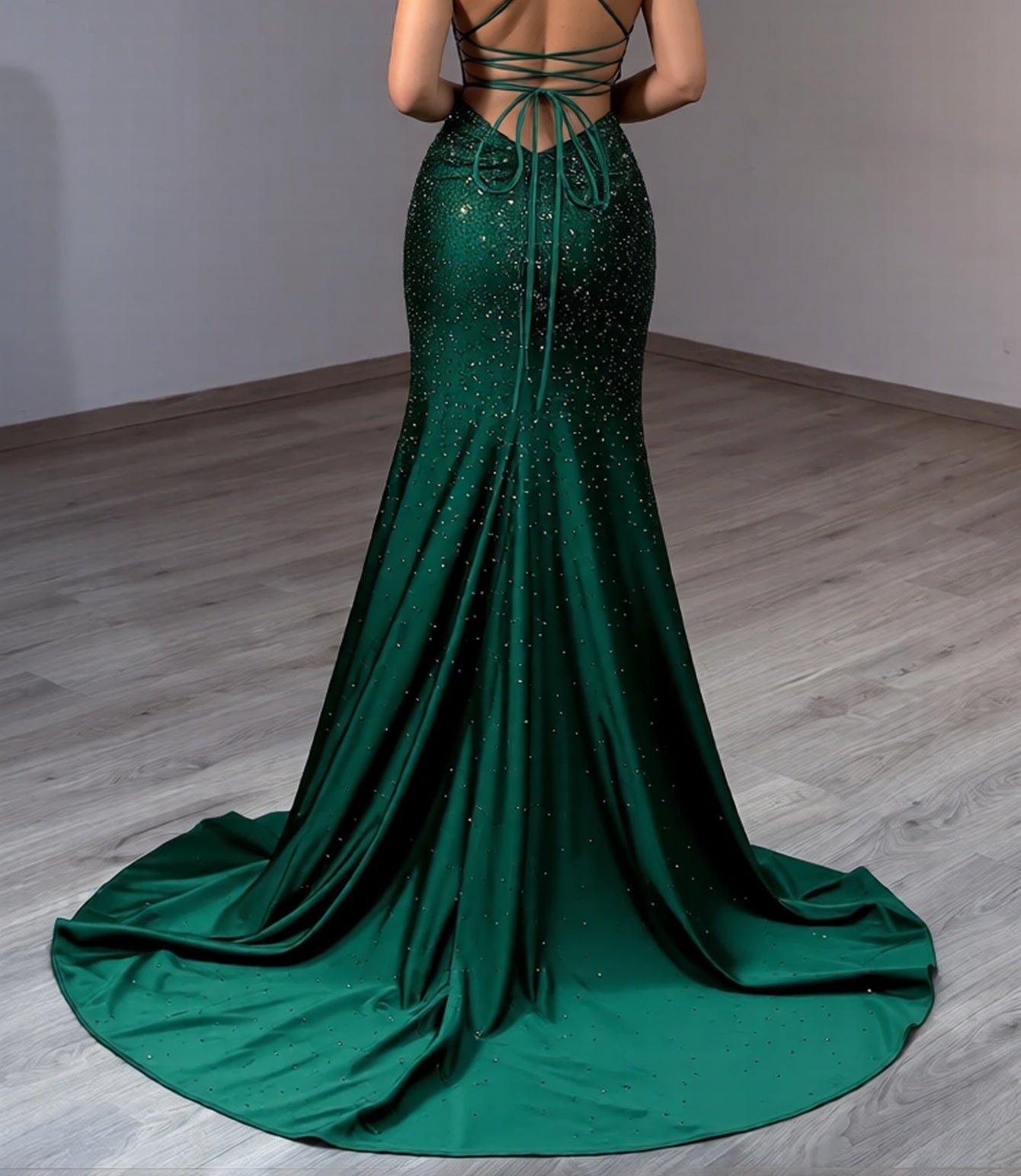 Sparkly Beading Cut Front Lace Up Ruched Bodice Long Mermaid Prom Dress - Emerald Green