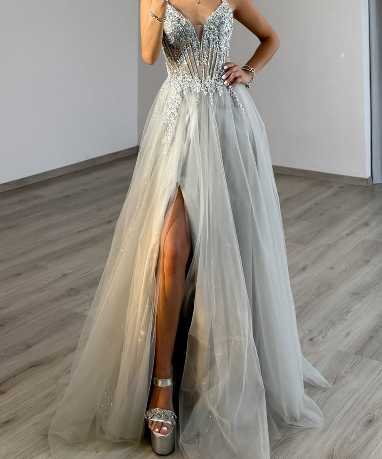 Sparkly Beading Illusion Cut Front Bodice A-Line Long Prom Dress - Silver
