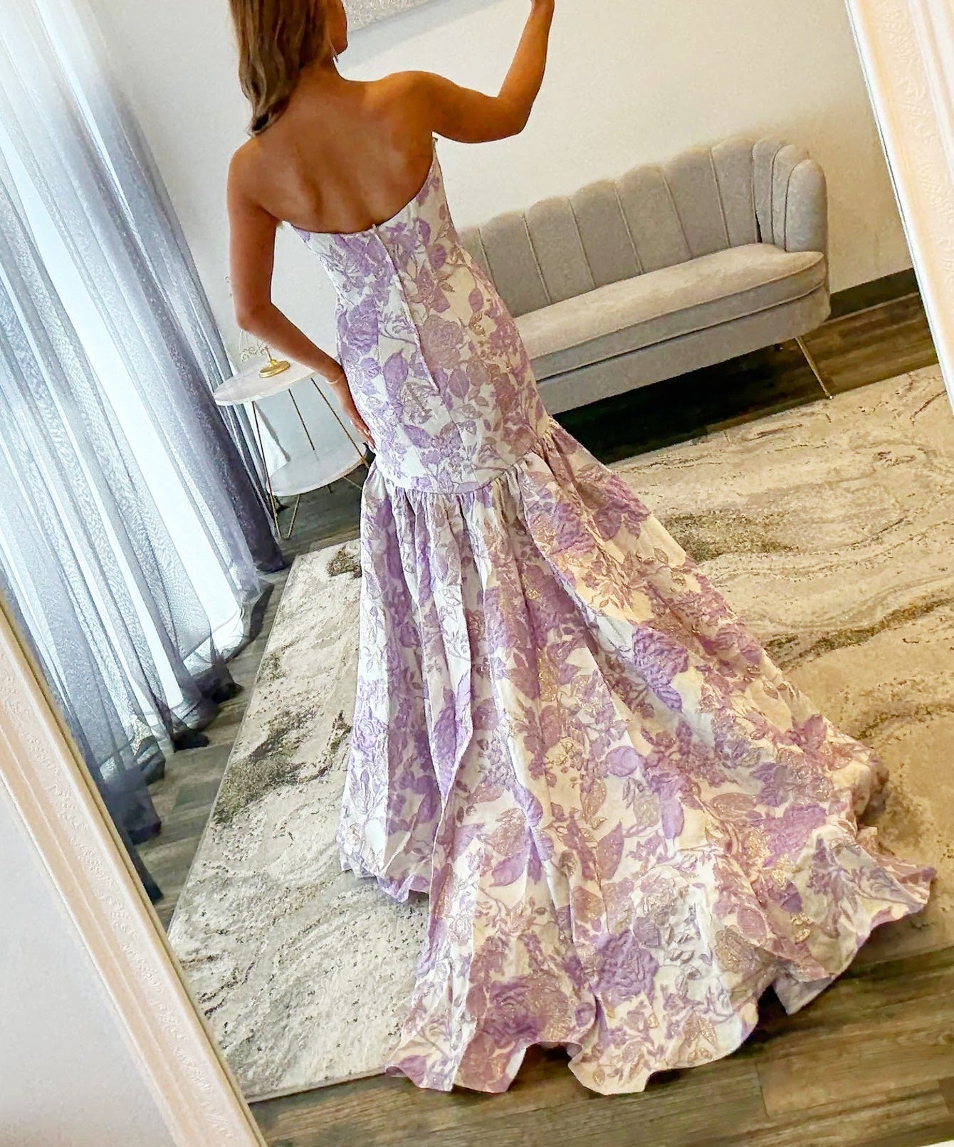 Embroidery Strapless Pleated Long Mermaid Bodice Prom Dress - Lilac Floral