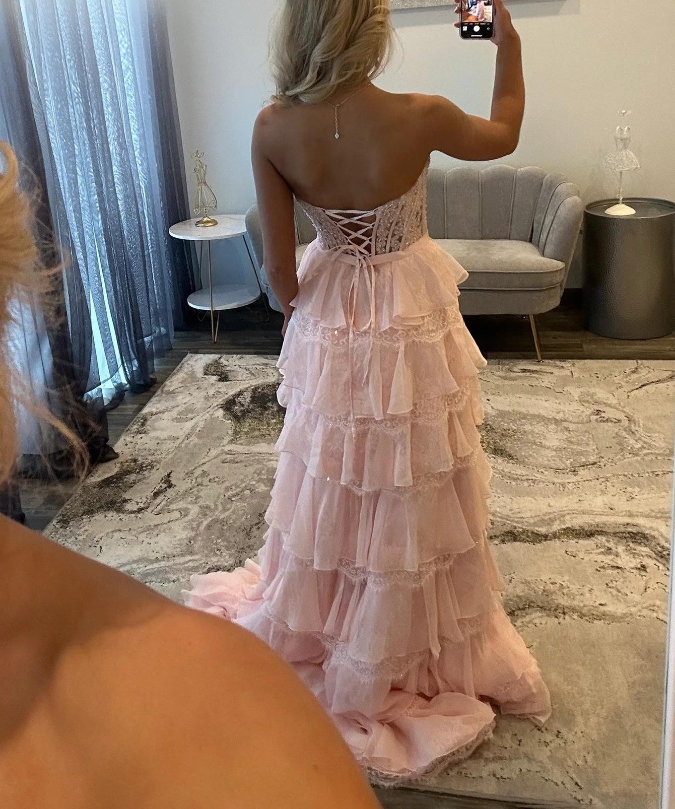 Sparkly Beading Bow Front Lace Up Bodice A-Line Long Prom Dress With Slit - Pink