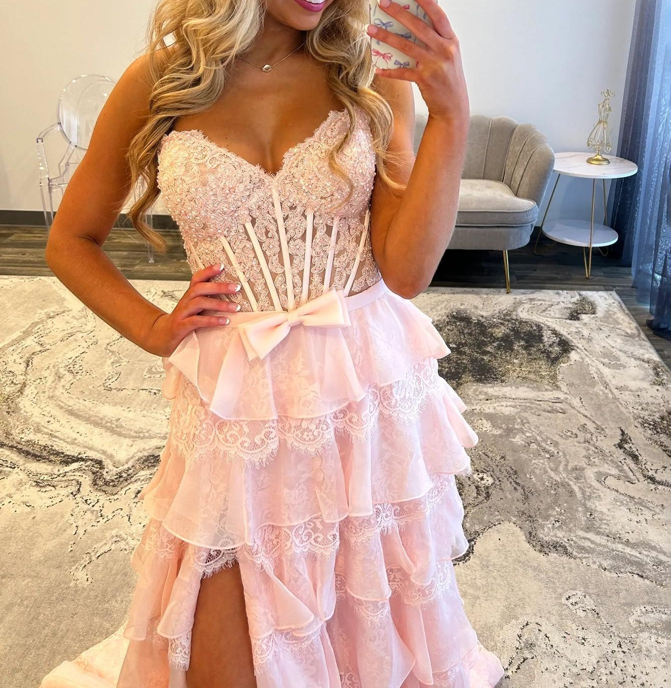 Sparkly Beading Bow Front Lace Up Bodice A-Line Long Prom Dress With Slit - Pink